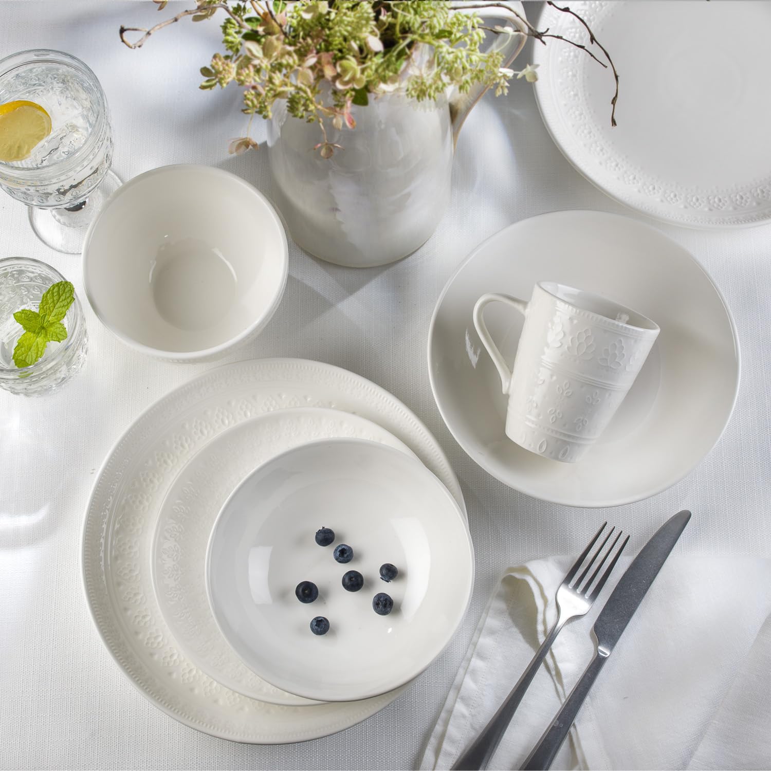 Euro Ceramica Fez zestaw misek do makaronu 10 cm, biała, wzór mandali w kształcie łezki