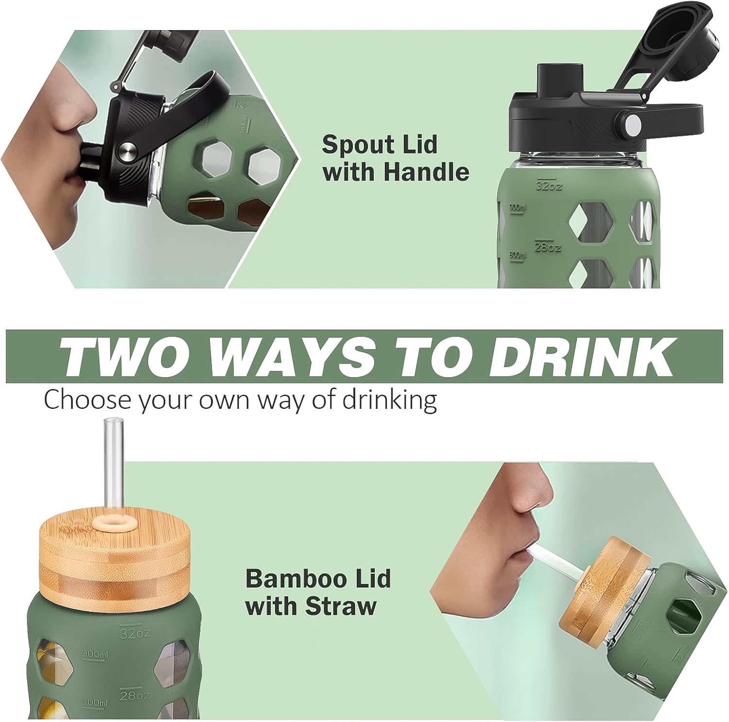 MUKOKO Glass Water Bottles, 32oz Glass Tumbler with Straw, Drinking Bottles with 2 Lids-Handle Spout Lid&Bamboo Straw Lid, Motivational Water Bottle with Time Marker and Silicone Sleeve, 1 Pack-Olive - Image 2