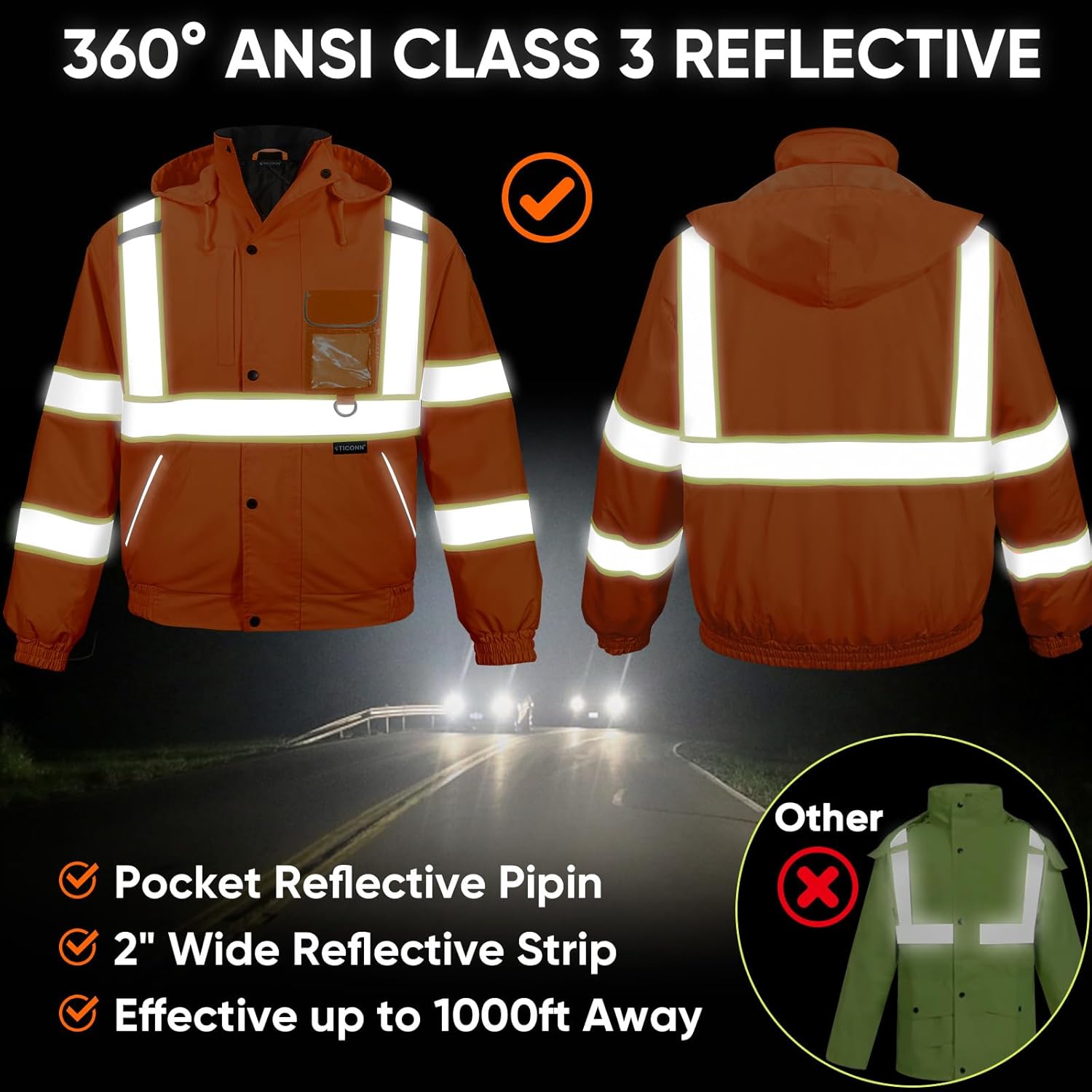 TICONN Waterproof Safety Bomber Jacket, Winter Rain Jacket Hi Vis Reflective, ANSI Class 3 Work Rain Coat - Image 6