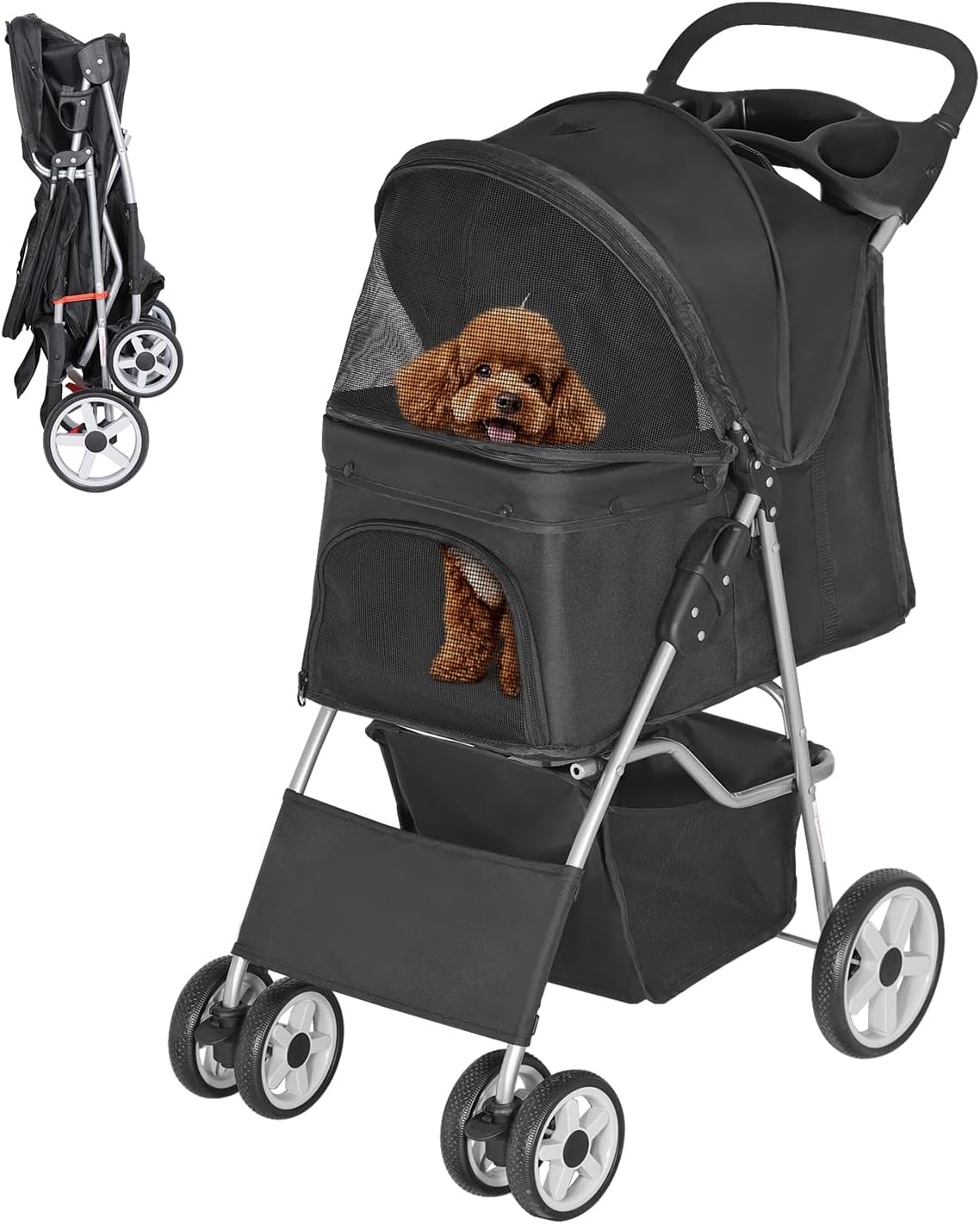 ZENY Foldable Pet Stroller, Cat/Dog Stroller with 4 Wheel, Pet Travel Carrier Strolling Cart with Storage Basket, Cup Holder (Black)