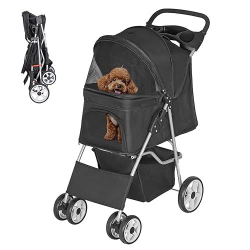 ZENY Cochecito plegable para mascotas, cochecito para gatos/perros con 4 ruedas, carrito transportador de viaje para mascotas con cesta de Negro
