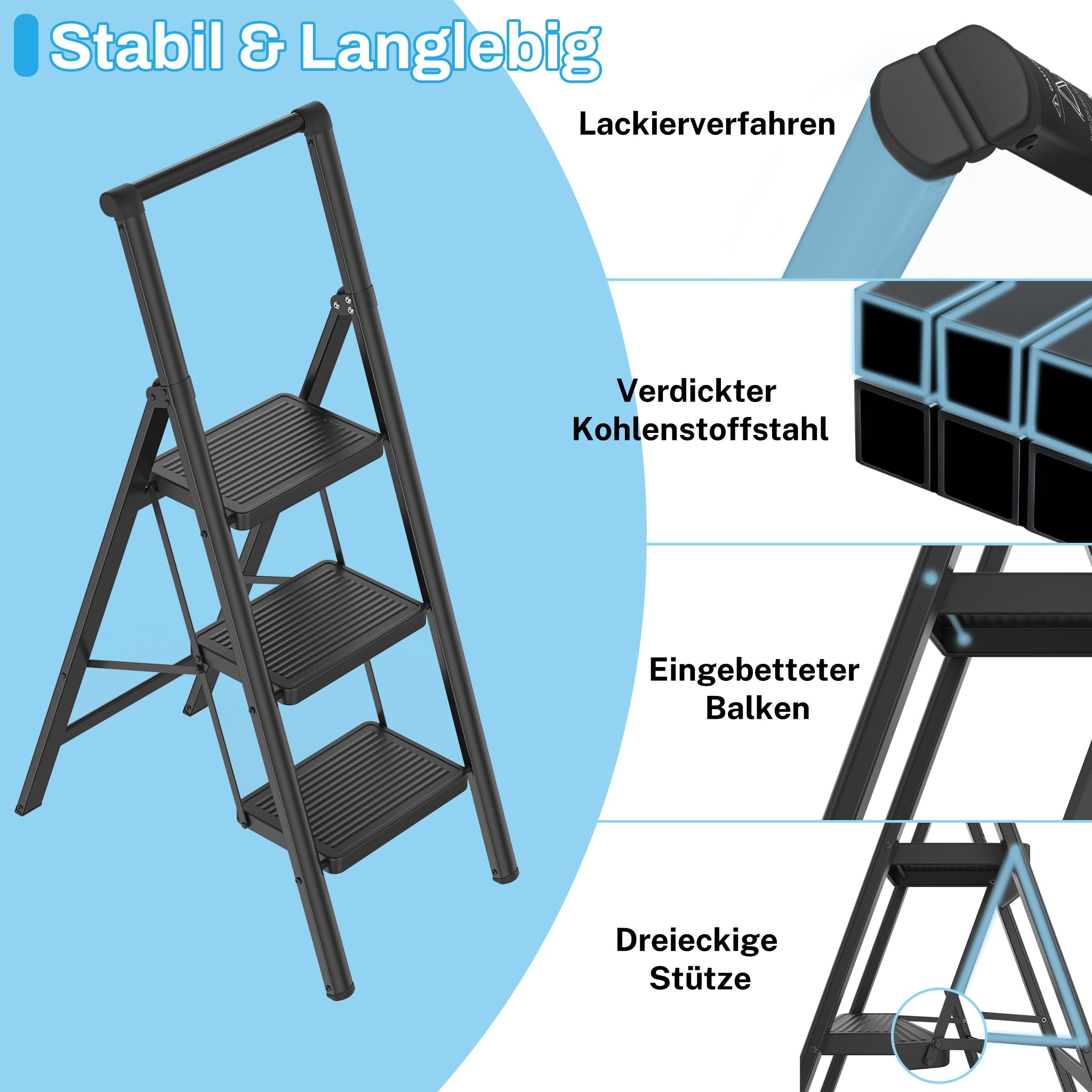 Froadp Trittleiter 3 Stufen Klappbar rutschfeste Stehleiter Eisen Klappleiter Multifunktionale Leiter mit Handlauf Tritthocker Haushaltsleiter für Haus Küche und Außenbereich Belastbar bis 250 kg