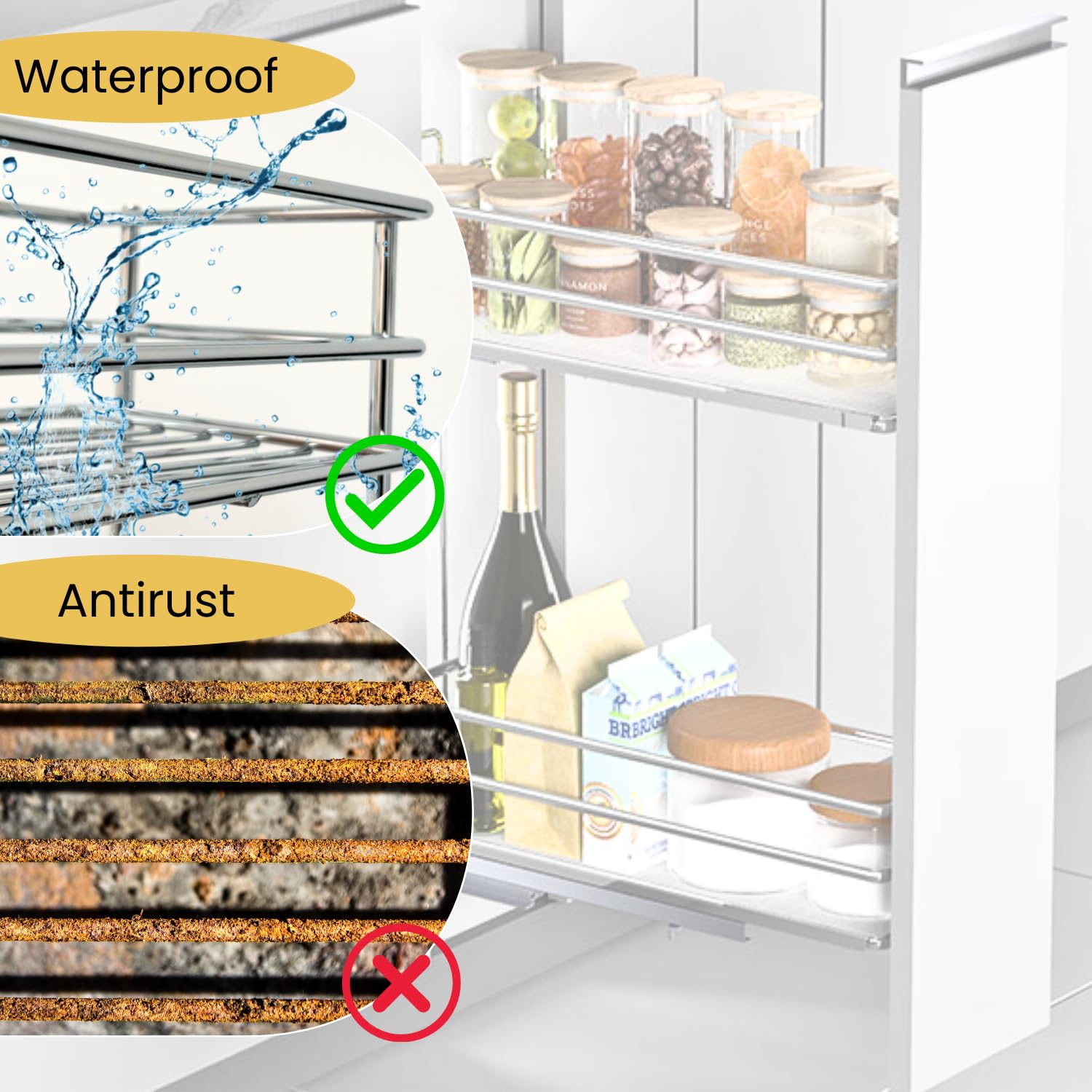 EVOTRADE Panier amovible de cuisine, chariot coulissant amorti en acier inoxydable, extraction totale, porte-bouteilles, bocaux, outils (pour module 15 cm)
