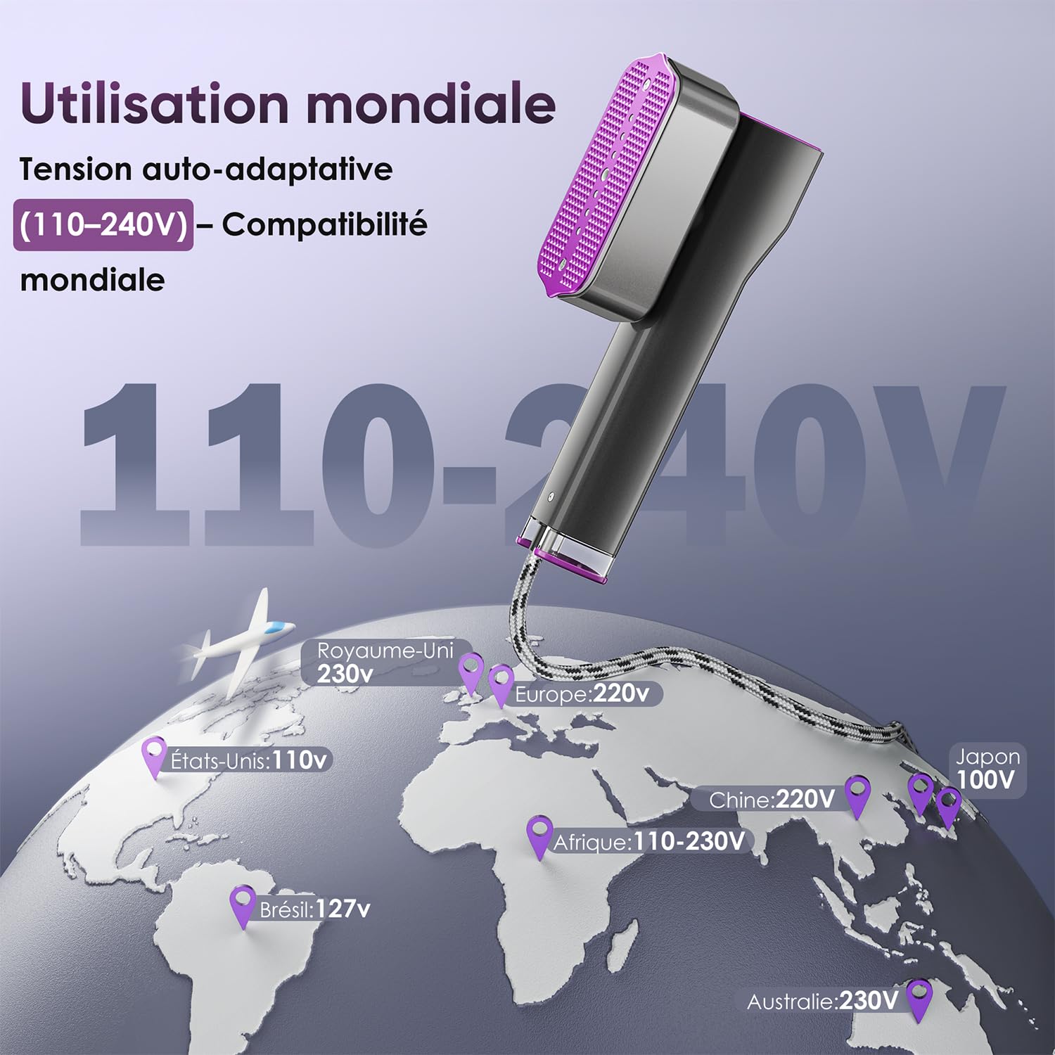 VIWAVE Défroisseur Vetement 1200 W, Fer à Repasser Double Tension 110-240V, Chauffe Rapide 15 s, Défroisseur a Main 2‑en‑1, 4 modes, écran LED, Fer a Repasser Vertical – Voyages et Maison