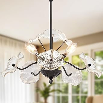 Luvkczc Black Chandelier,Vintage Flower Glass Pendant Light Fixture,Mid Century Ceiling Light Fixture for Dining Room, Kitchen, Living Room, Bedroom Hallway Porch,3 Lights