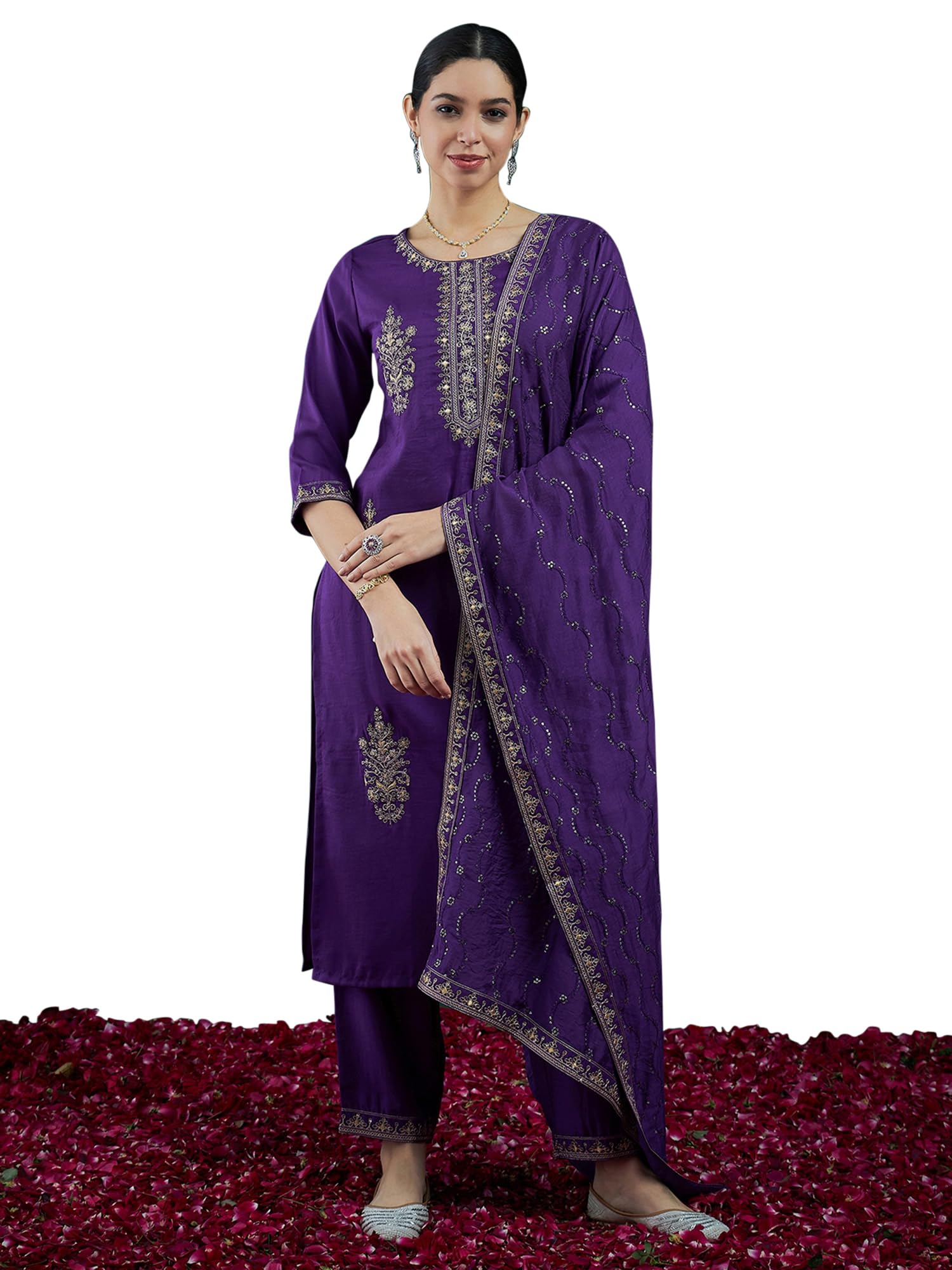 INDO ERA Women's Cotton Blend Embroidered Straight Kurta & Pant with Dupatta Set