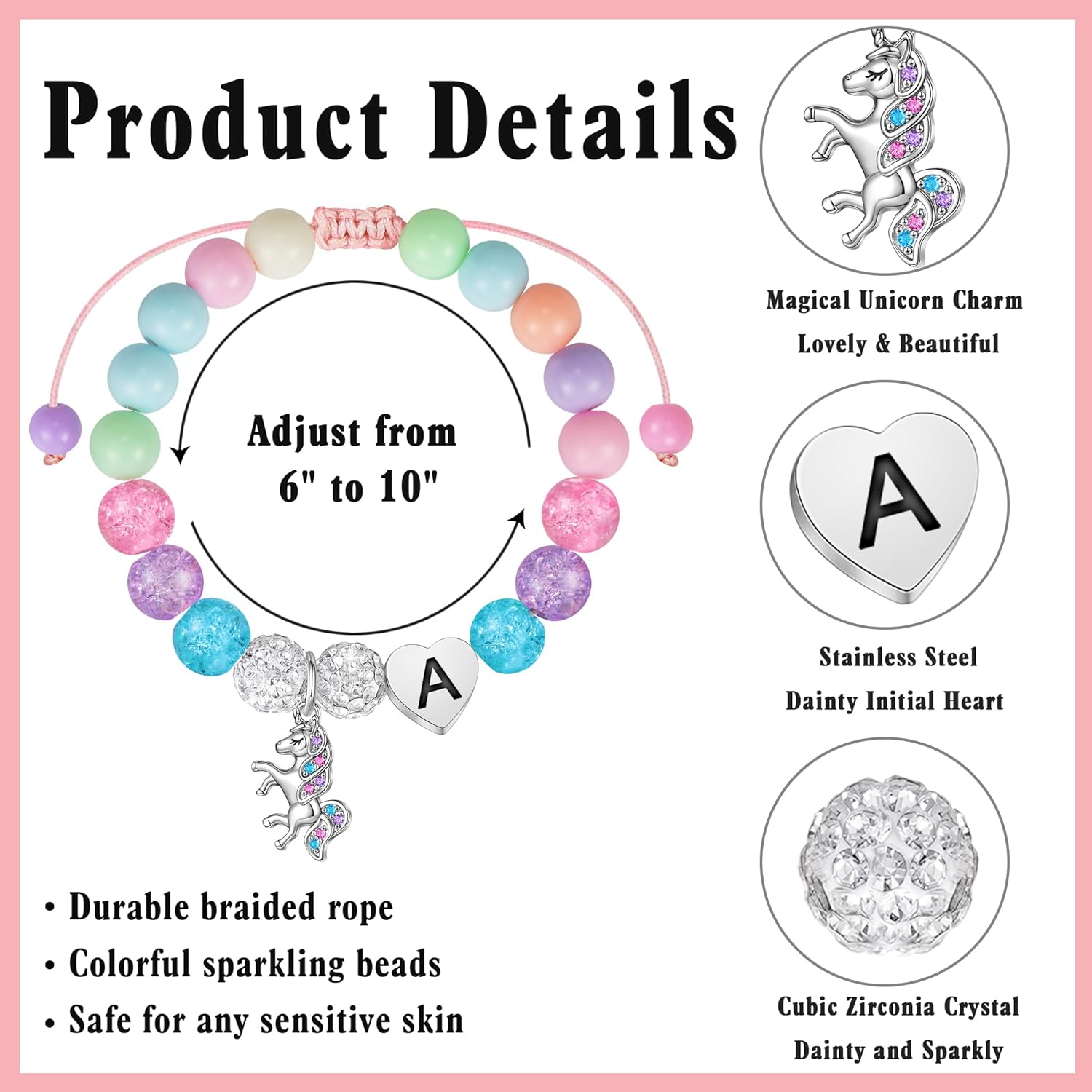 Hidepoo Valentines Gifts for Kids Girls - Unicorn Bracelet for Girls Gifts Adjustable Beads and Rhinestone Balls Unicorn Initial Bracelet Jewelry Birthday Gift Valentines Gift for Girl Kids Teens - Image 5