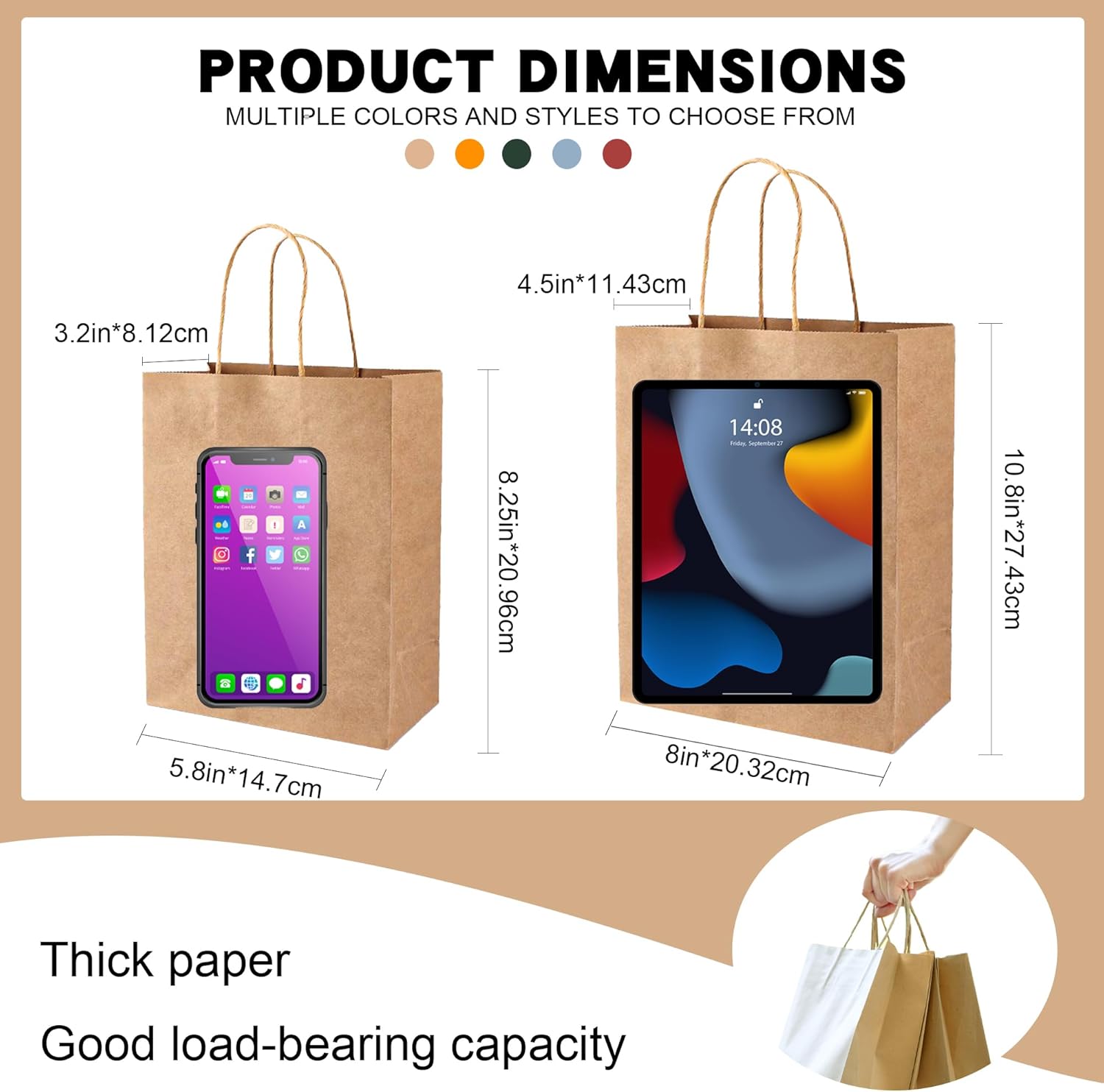 Custom Paper Bags 50-5000 PCS - Personalized Kraft Paper Bags with Logo for Small Business, 8x4.5x10.8 Inch Gift Bags with Handle, Reusable Goodie Bags for Duty Gift Bags, Food Safe, Retail, Wedding, Party Favors (Custom Design)