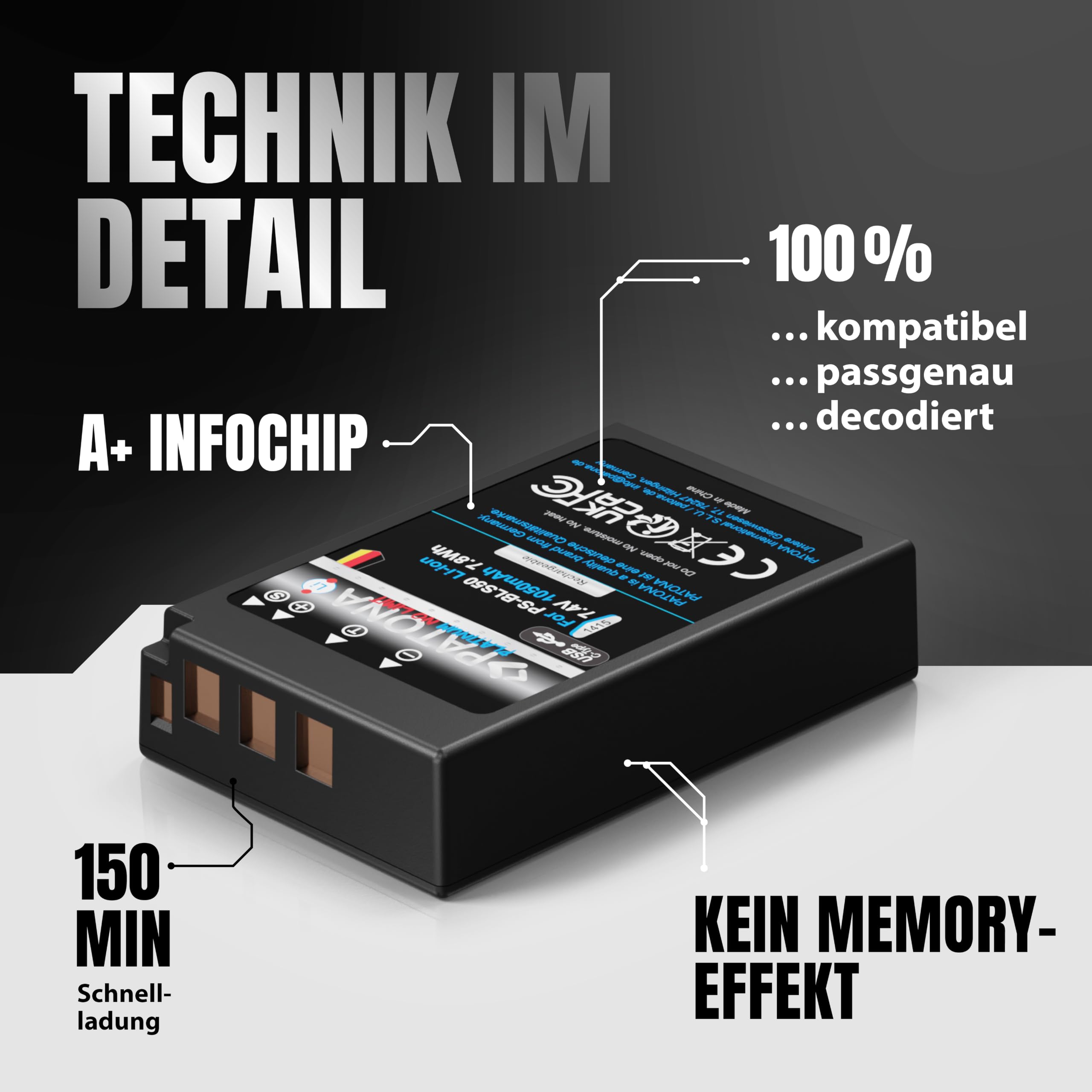 PATONA USB-C Platinum Akku Ersatz für Olympus BLS-5 BLS-50 Battery 1050mAh | Ersatzakku für E‑450 OM-D E-M10 Mark II III IV Pen E-P3 E-PL2-E-PL9 Pen PM1 PM2 Stylus 1– direkt am Akku Laden