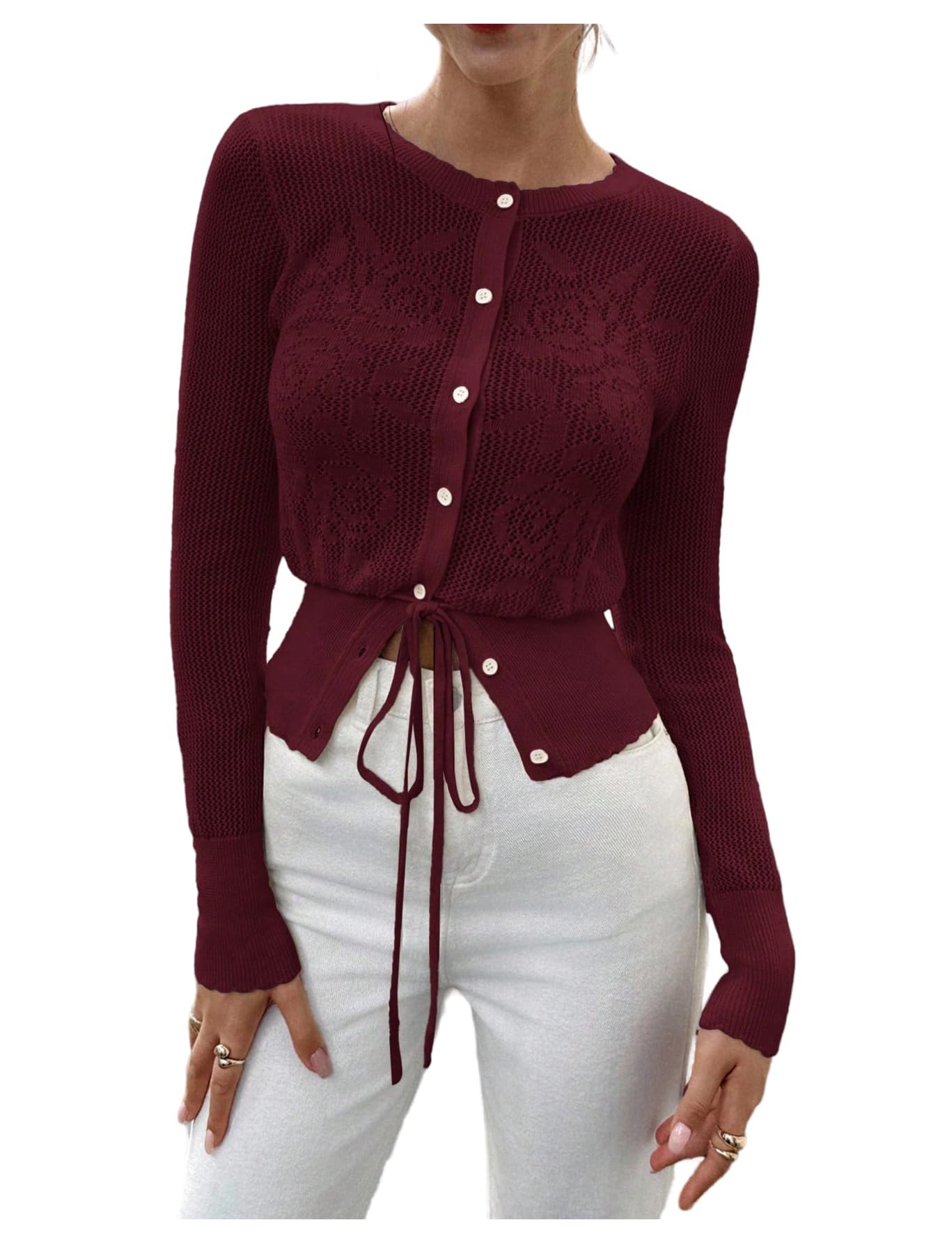 SHENHE Womens Button Up Cardigan Sweater Hollow Out Flower Knit Slim Fit Fall Sweater