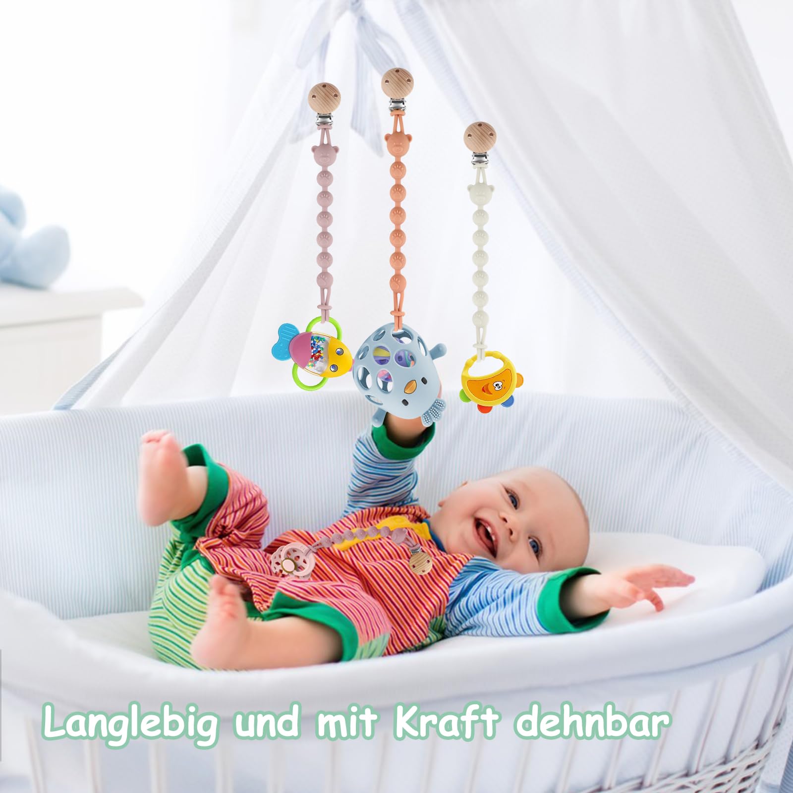 Set di 4 Clip per Ciuccio in Silicone, Clip per Ciuccio in Silicone, Attacco per Ciuccio Bebè, senza BPA, Catena per Allattamento Multifunzionale per Bambini e Bambine (Arancione + Viola +