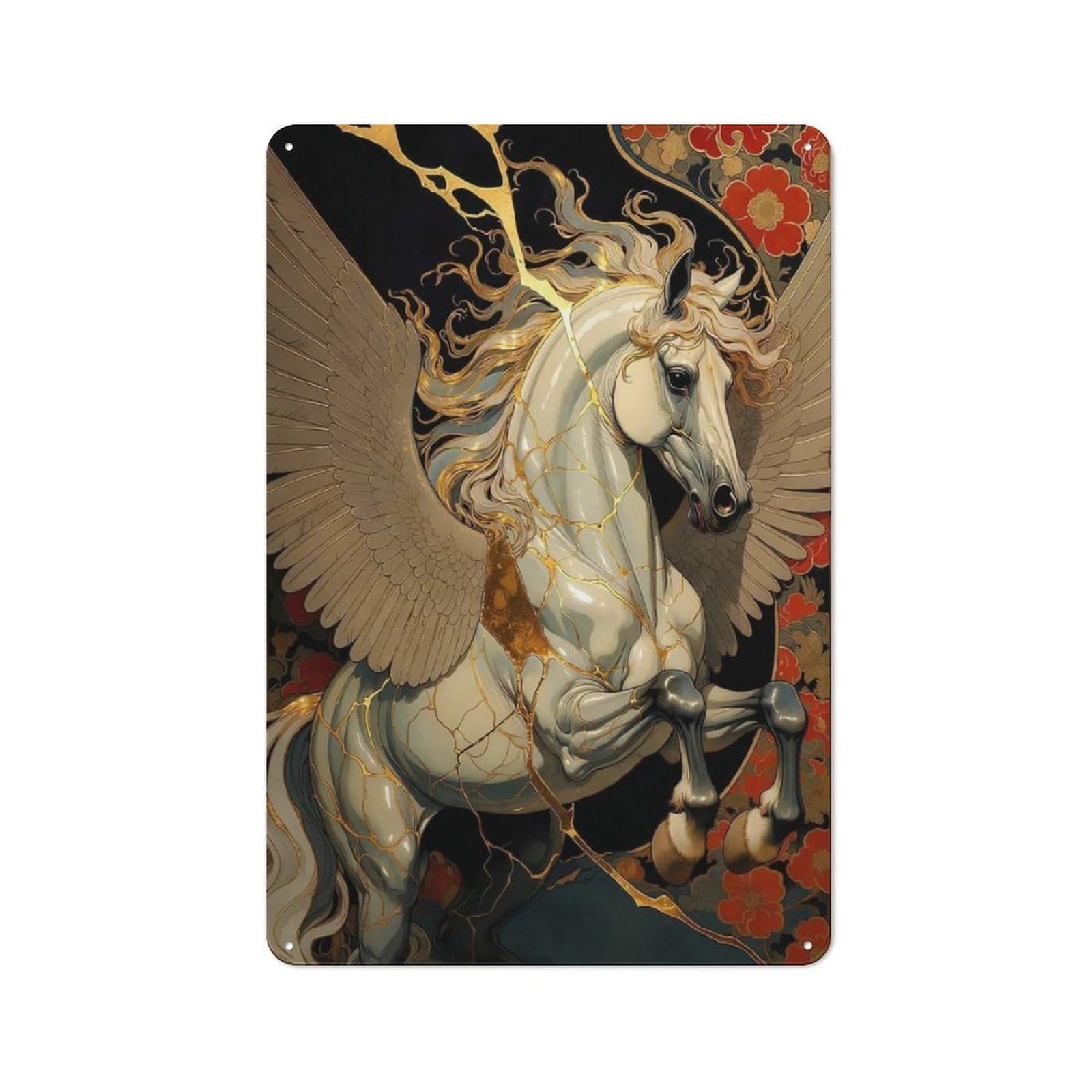 Tin Wall Plaque 30x20cm with Kintsugi Pegasus for Garage Or Workshop, for An Autumn Wall Display in Garage And Workshop