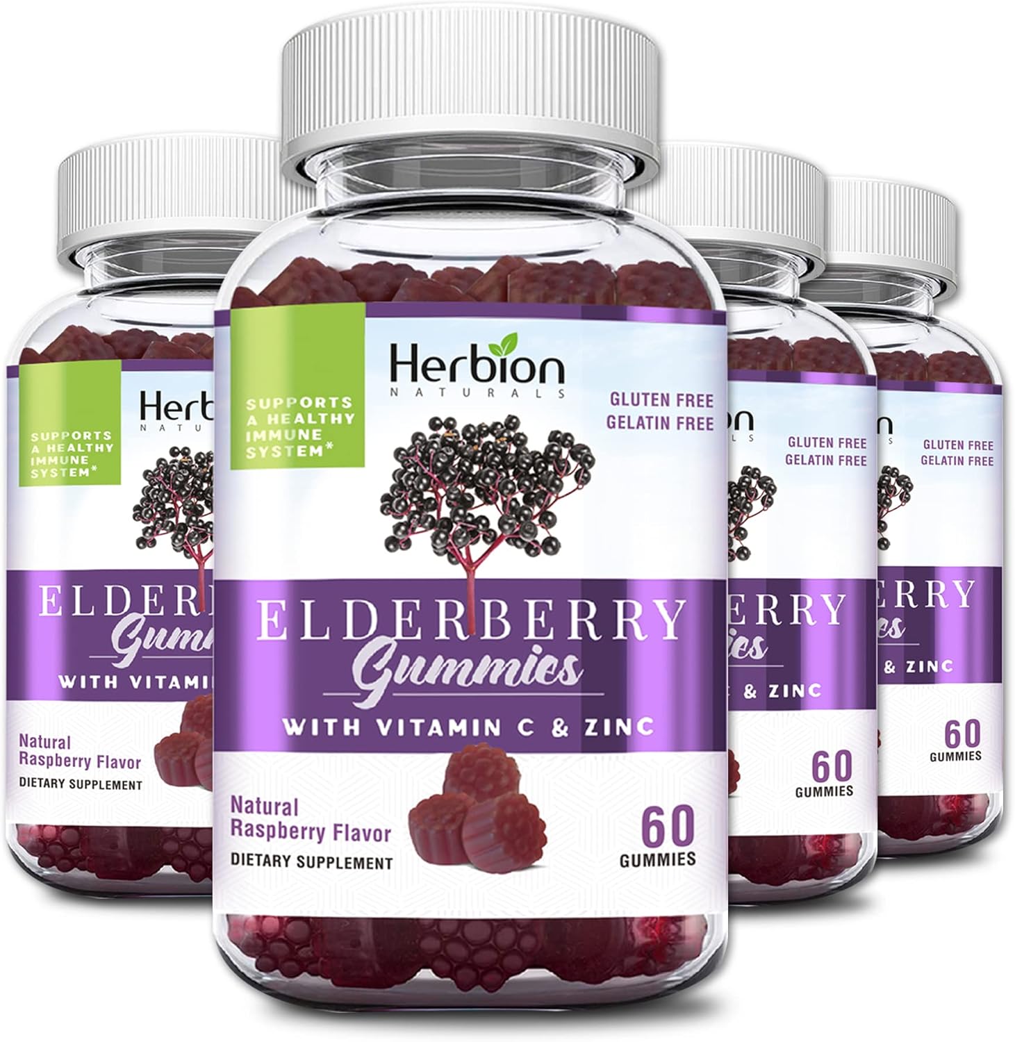 HERBION Elderberry Gummies with Vitamin C & Zinc, Healthy Immune System Support, Gluten-Free & Gelatin-Free, 60 Gummies for Adults & Children 4 Years & Above, Made in USA, Pack of 4