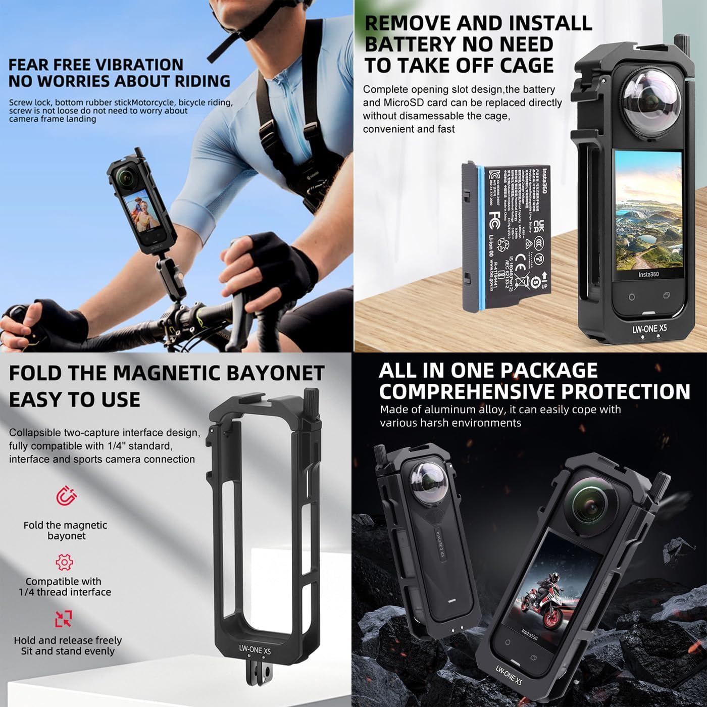 Insta 360 X5 Aluminum Frame Cage Case Bag Premium Glass Lens Guard Set Screen Protector for Insta360 X5 X 5 Accessories Kit Anti-Scratch Metal Shell Protective Film Cover (Black) - Image 3