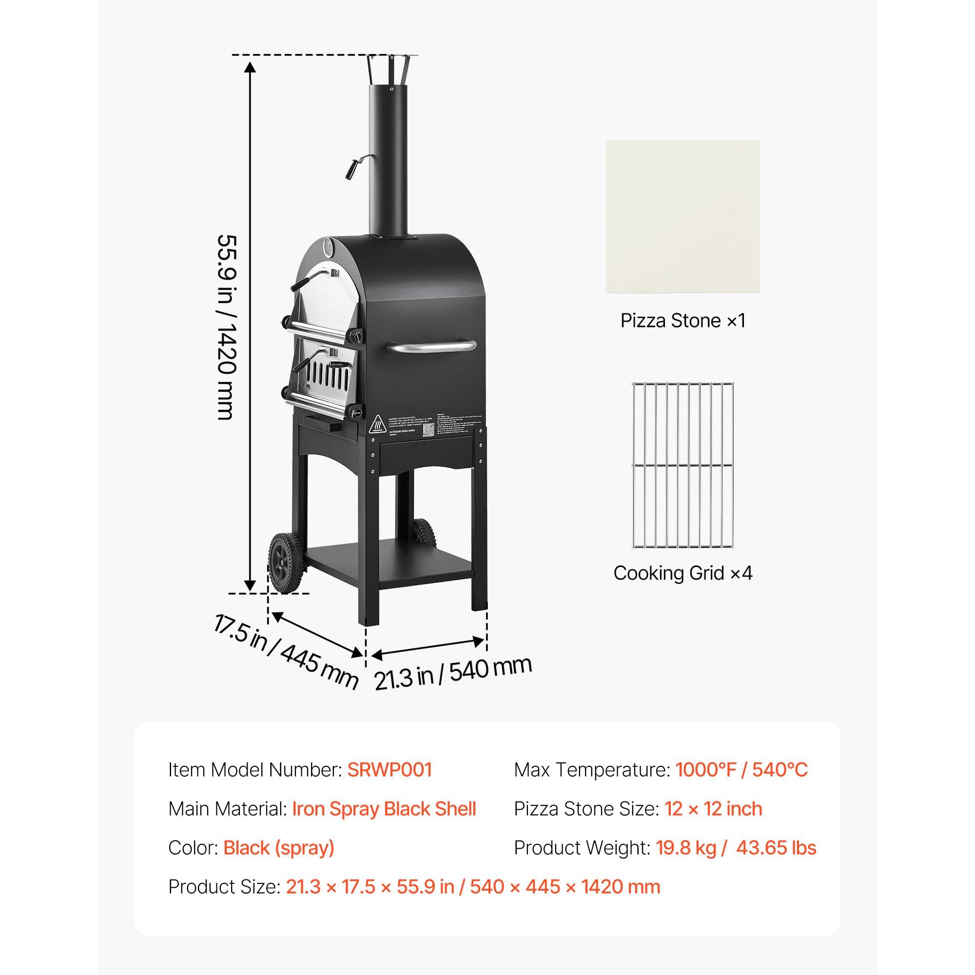 VEVOR Forno per Pizza da Esterno Portatile 12 pollici a Pellet max. 540°C con 2 Ruote Rimovibili
