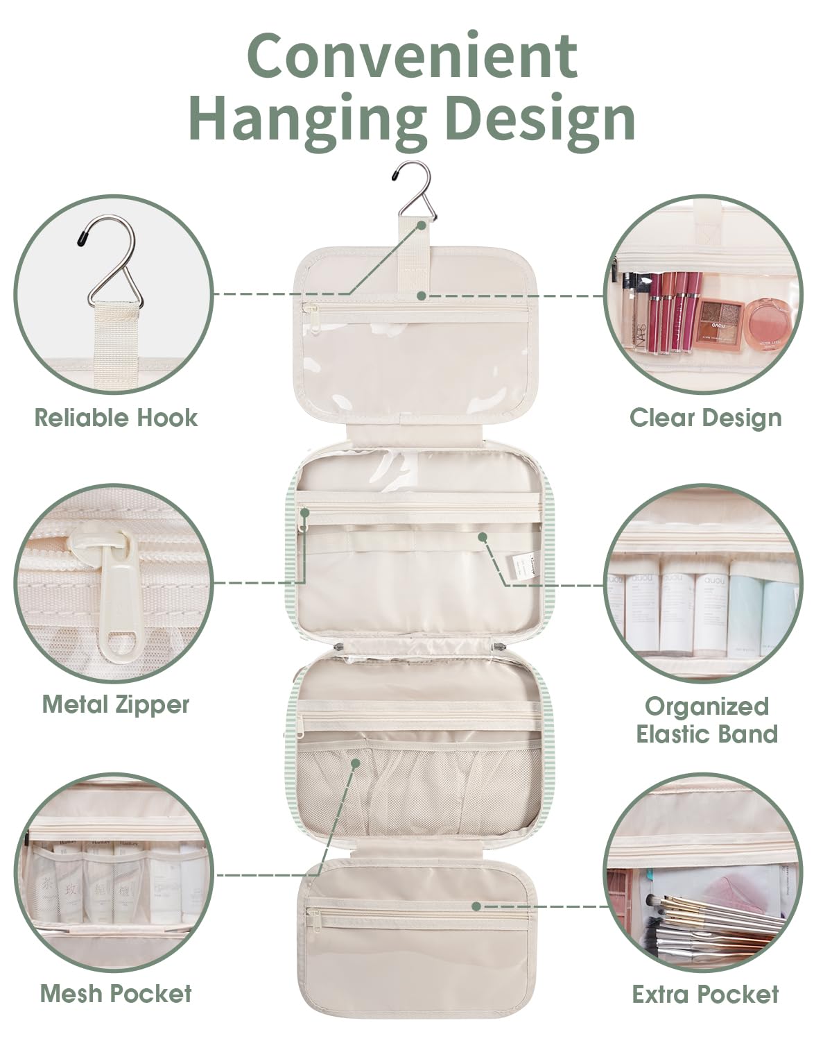 Narwey Large Hanging Travel Toiletry Bag for Women Wash Bag Cosmetics Makeup Bag Organizer for Full Size Accessories (Mint Green Stripe (Large)) — view 6