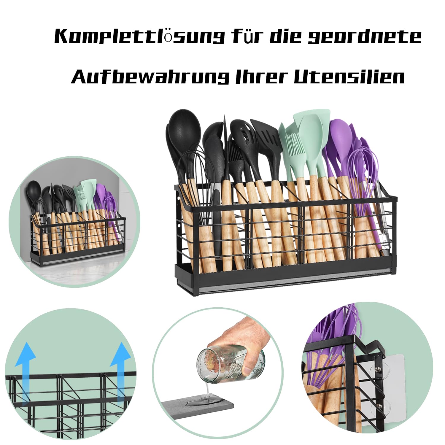 Großer Küchenbesteckhalter mit Diatomit-Boden – Wandmontierbarer Utensilienhalter mit 4 Fächern – Schnelltrocknender Organizer aus Metall in Mattschwarz für Arbeitsplatte oder Wand