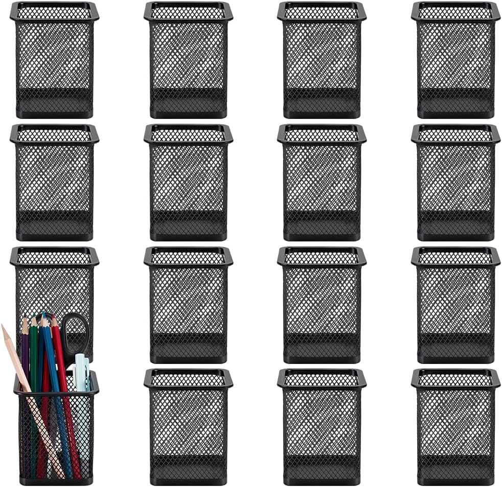16 Pack Square Black Pen Holder, Metal Mesh Pencil Cups Bulk Pencil Holder Organizer Mesh Pen Holder for Desk Office Supplies School Classroom Desktop Accessories Makeup Brush