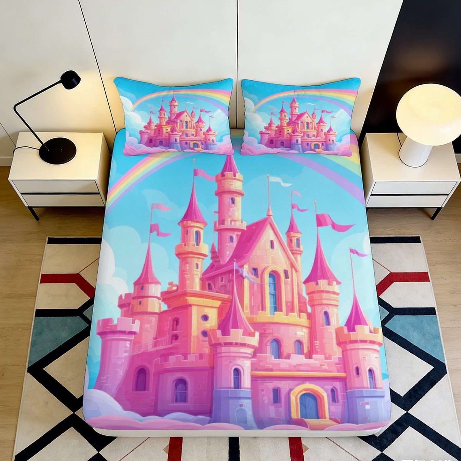 Kzqnxhjprl Style-9 3D Printed Pink Castle Fitted Sheet Microfiber Soft Anti-Slip Rainbow Palace Mattress Cover Bedroom Home Dorm Decor 90X200x25cm