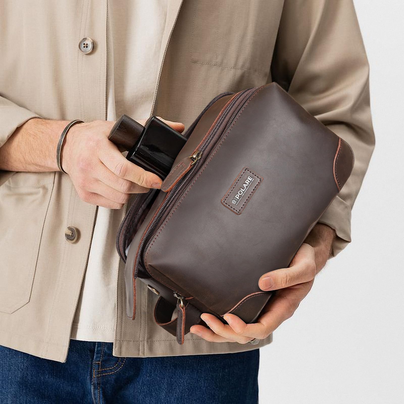 Polare Reise-Kulturbeutel aus Vollnarbenleder, groß, Kosmetiktasche, Rasierset, Waschen mit YKK-Reißverschlüssen, Dunkelbraun, Retro