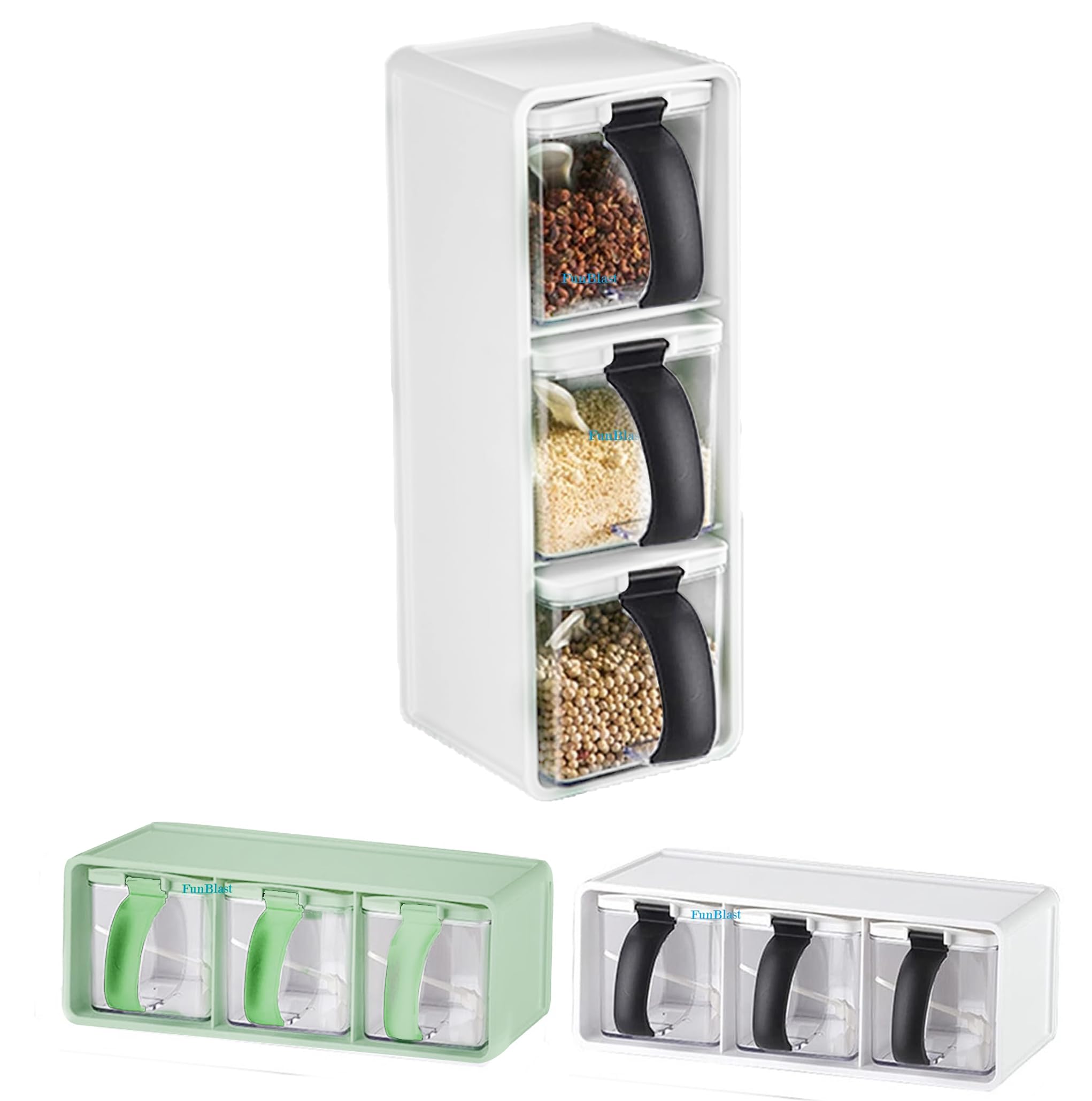 FunBlast Kitchen Spice Rack Holder Wall-Mounted Plastic Transparent Seasoning Box for Spice Sets, Seasoning Storage Container with Spoons for Spice, Salt, Sugar (Color May Vary)