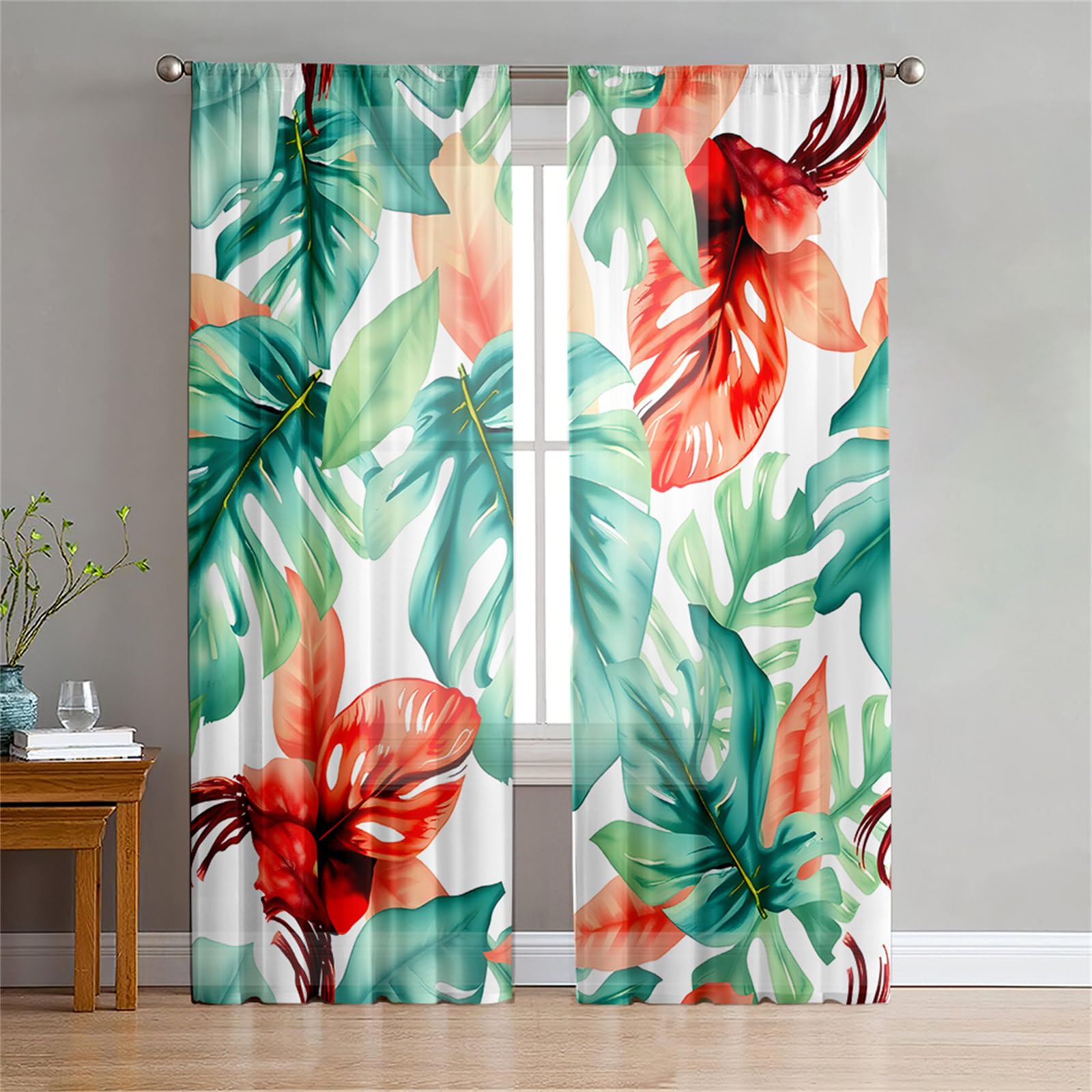 Surwin Net Curtains for Windows, Voile Curtain, 2 Panels Tropical Landscape with Eyelets, Semi Transparent Lightweight Voile Panel for Living Room Bedroom Balcony Decorative (Red,W55xH95cm) โ image 1