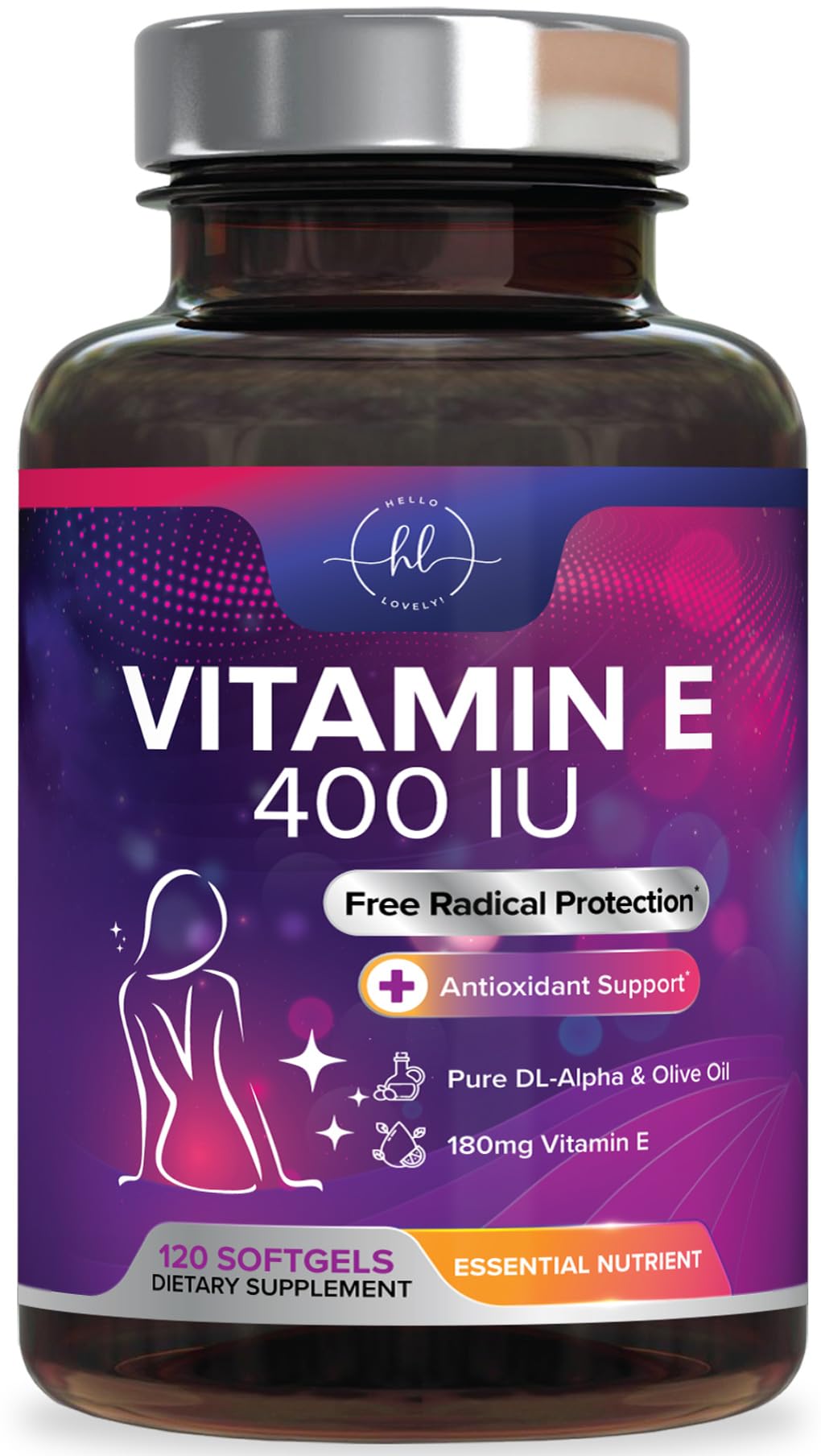 Vitamin E - 180 mg (400 IU) - Daily Beauty & Immune Support Supplement - DL-Alpha VitaminE with Antioxidants Supports Healthy Skin & Hair - Easily Absorbed, Gluten Free, Bottled in USA - 120 Softgels 120 Count (Pack of 1)
