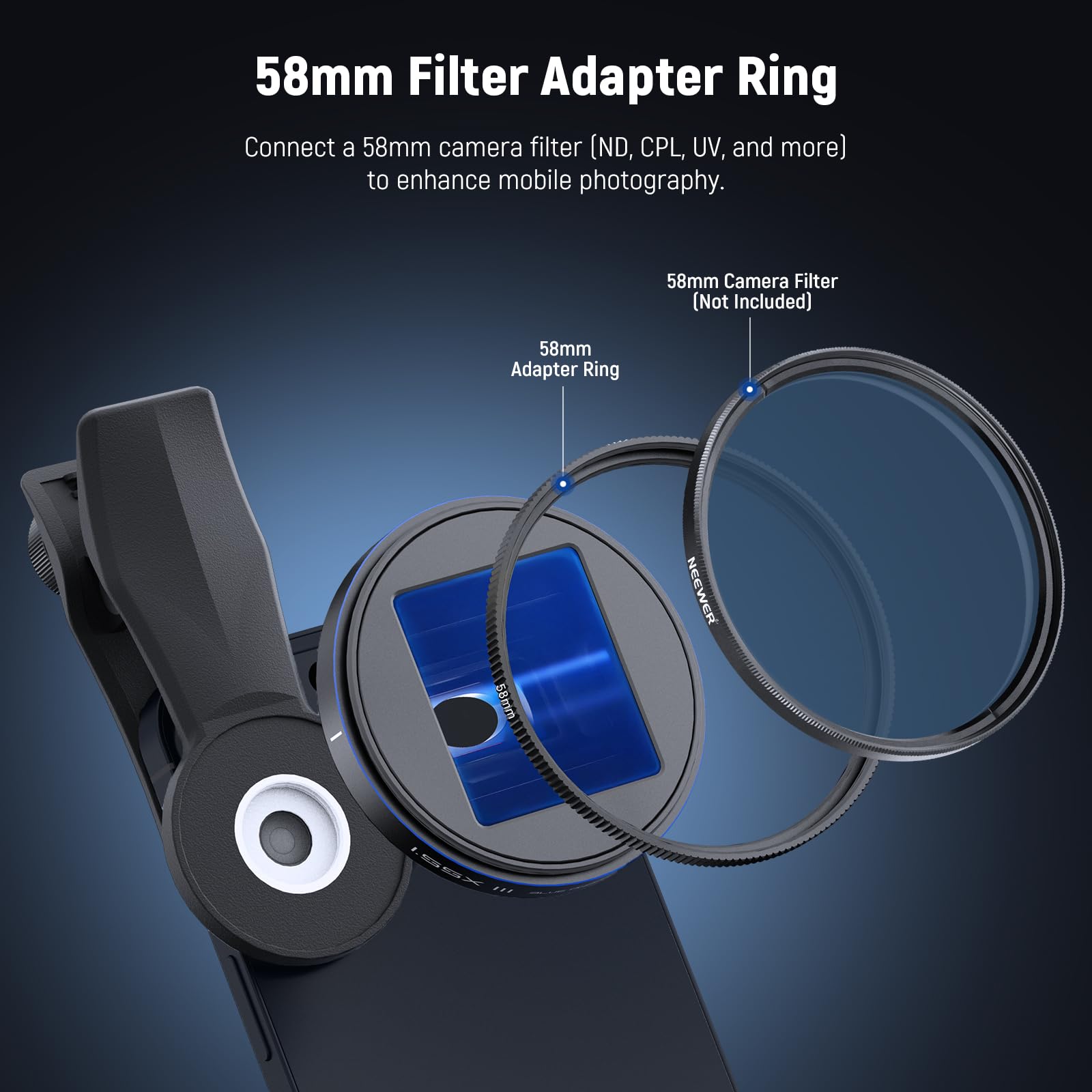 NEEWER 1,55 x niebieski obiektyw anamorficzny kompatybilny z iPhone Android Samsung, akcesoria do aparatu telefonicznego z gwintem 17 mm klipsem obiektywu i pierścieniem adaptera filtra 58 mm, kinowy
