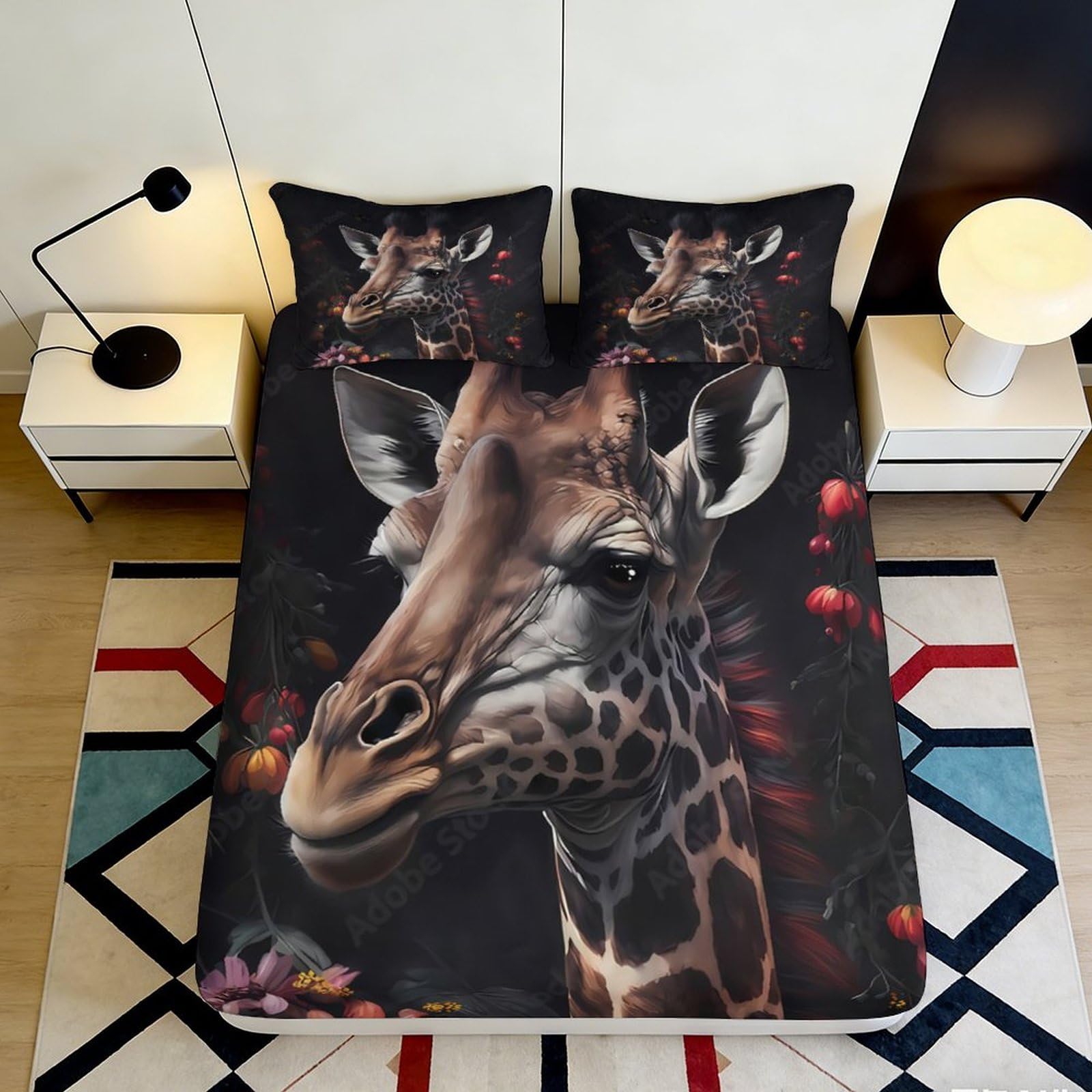 3D Printed Giraffe Jungle Fitted Sheet Microfiber Soft Breathable Wildlife Bed Cover for Bedroom Dorm Decor 90x200x25cm
