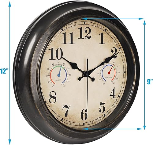 Miniatura 3 de Reloj para exteriores de 12 pulgadas con termómetro e higrómetro, impermeable, para interiores y exteriores, para patio, piscina, decoración de