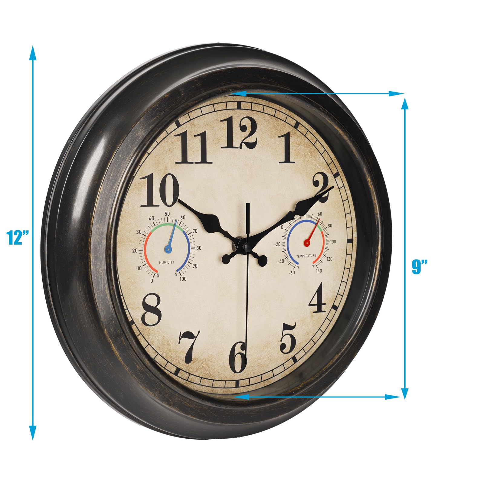 Horloge d'extérieur de 30,5 cm avec thermomètre et hygromètre, horloges murales étanches pour intérieur et extérieur pour terrasse, piscine, décoration de jardin - Bronze rétro