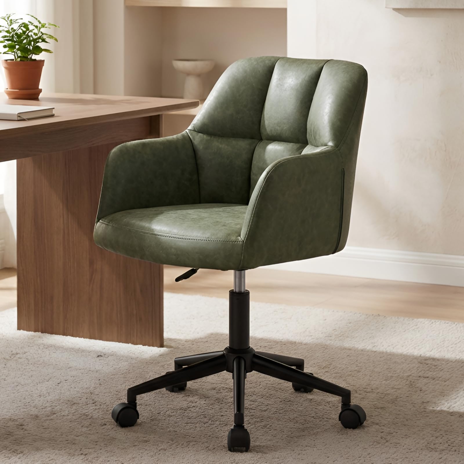 Ya-Home PU Leather Home Office Chair Modern Swivel Desk Chair with Adjustable Height, Vanity Task Chair for Bedroom, Green