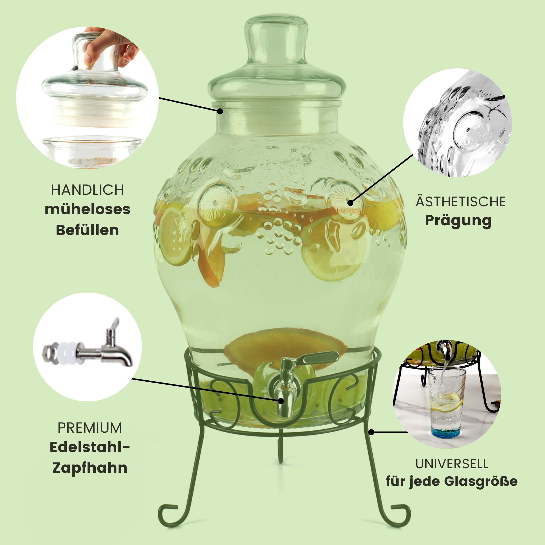 Monster24 10 Liter Getränkespender mit tropfsicherem Zapfhahn aus Edelstahl – Wasserspender, Bowle-Gefäß aus Glas mit stabilem Metallständer und Glasdeckel – BPA-freier Limonadenspender