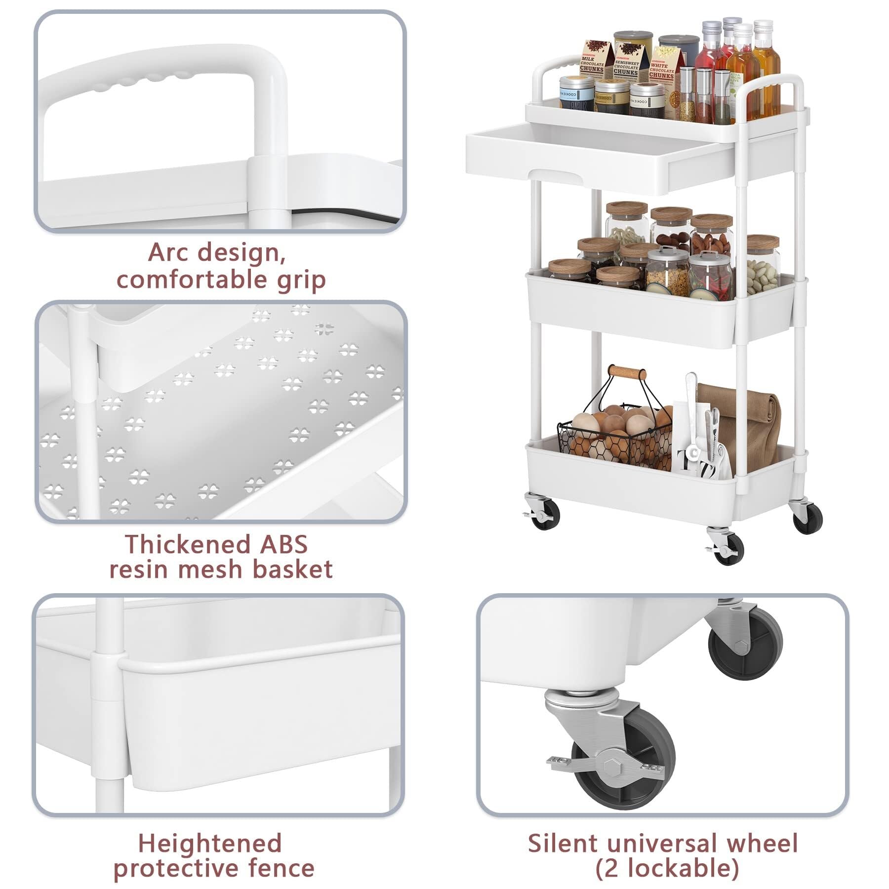 Carro Cocina Carro Auxiliar Carrito Cocina Carrito Móvil Con Ruedas Y Cajón, Carrito Utilitario, Carrito De Almacenamiento De Cocina Con Estante De Plástico, Ruedas De Metal Para Oficina Y Baño Carrit