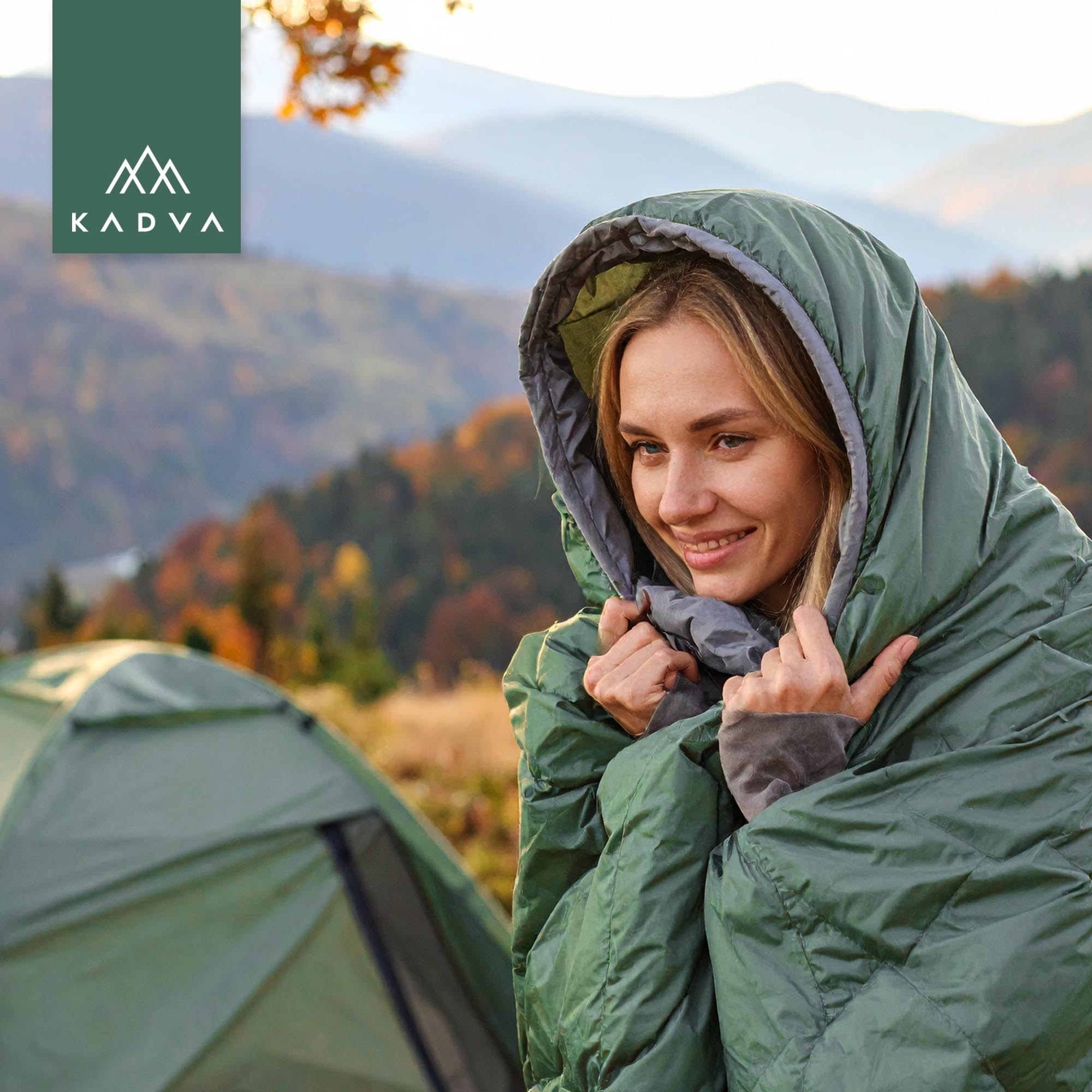 KADVA Sacco a pelo da campeggio Mumio R 230 x 80 cm, sacco a pelo verde con cappuccio per la testa, temperatura comfort 4 gradi, ideale per l'inverno, alta conservazione del calore, tecnologia Ripstop