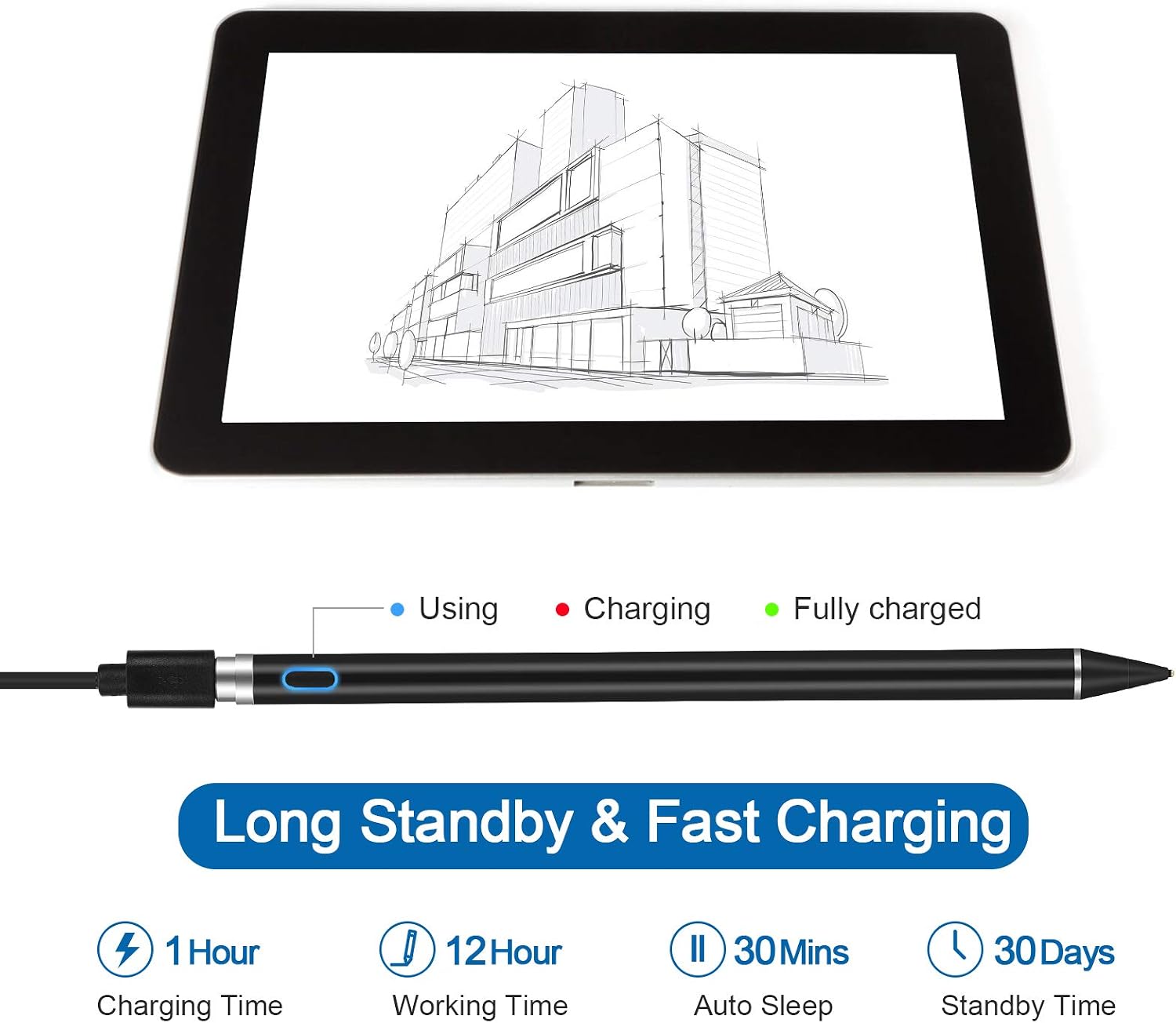 Rechargeable Active Stylus Pens for Touch Screens, Digital Stylish Pen Pencil Compatible with iPhone iPad (Black)