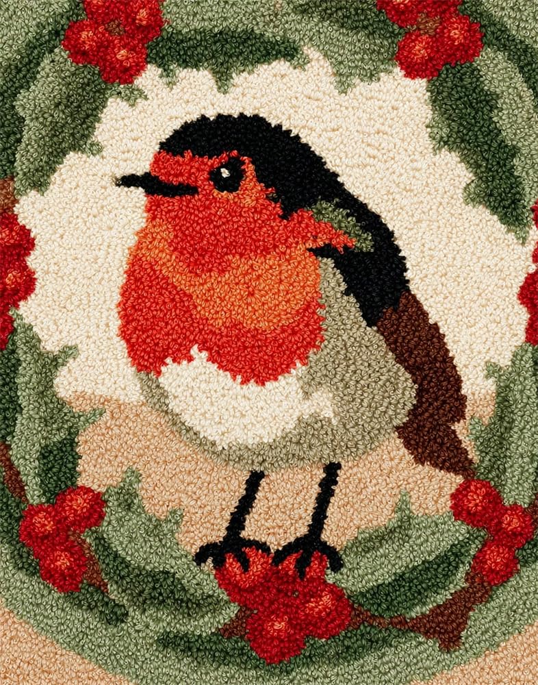 FWRTYCB Latch Hook Rug Kit Christmas Robin Bird Wreath