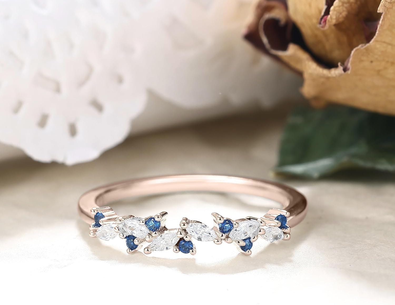 Art Deco Bridal Wedding Band for Women Created Blue Sapphire Cubic Zirconia 925 Sterling Silver Plated White/Rose Gold Half Eternity Birthstone Promise Ring for Her Size 4-9