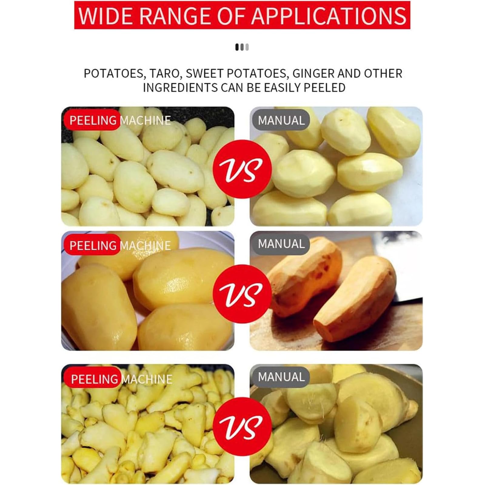 Peladora Patatas Eléctrica, Peladora Comercial Frutas Y Verduras con Pared Interior Acero Inoxidable Y Tubería Agua Descarga Universal,Salida 220kg/h, Uniforme Completo Sin Daños, para Jengibre