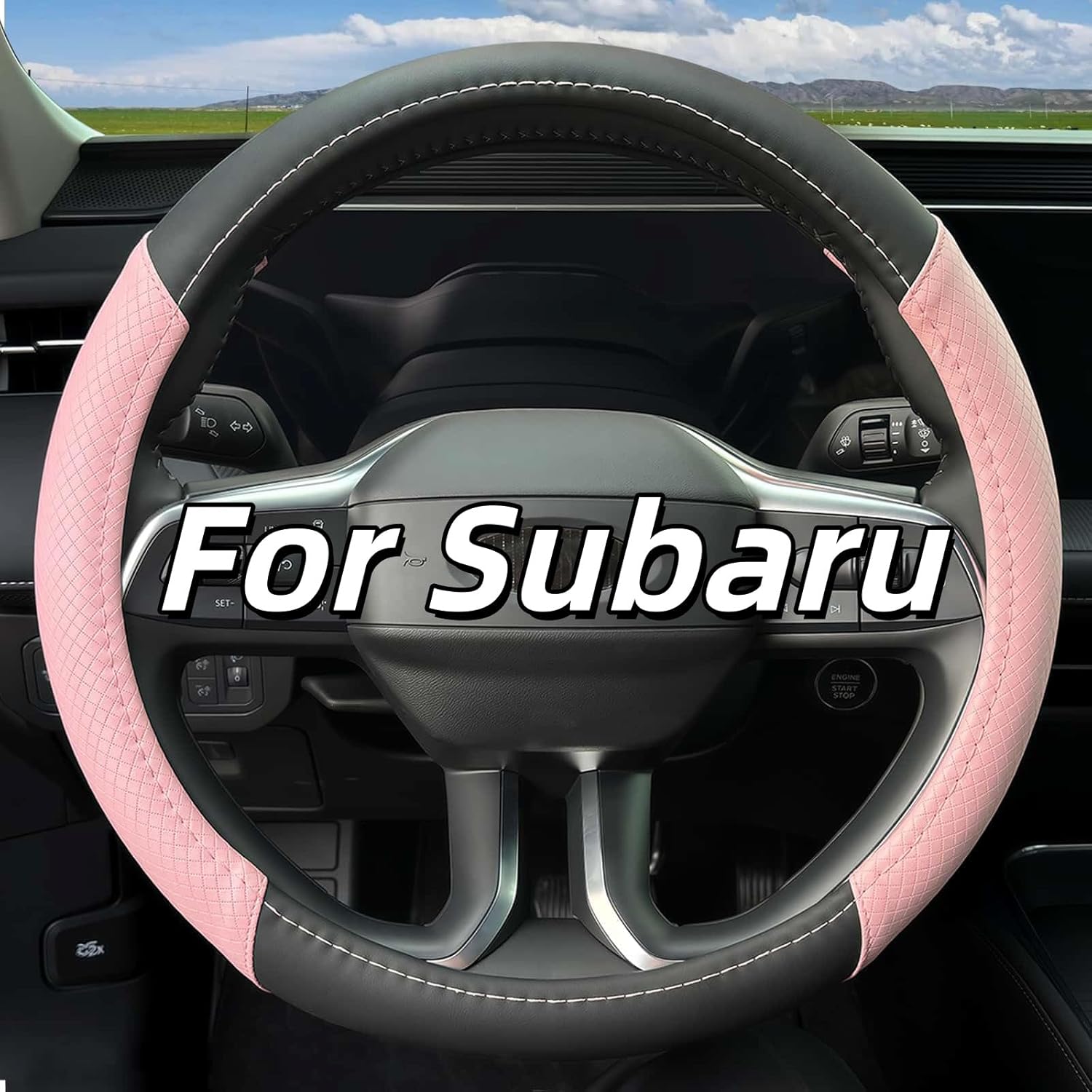 Steering Wheel Cover for Subaru, 14.5-15 inch Leather Car Steering Wheel Cover for Subaru Outback 2008-2025, Anti-Slip Car Interior Protection Accessories for Women Men - Black & Pink