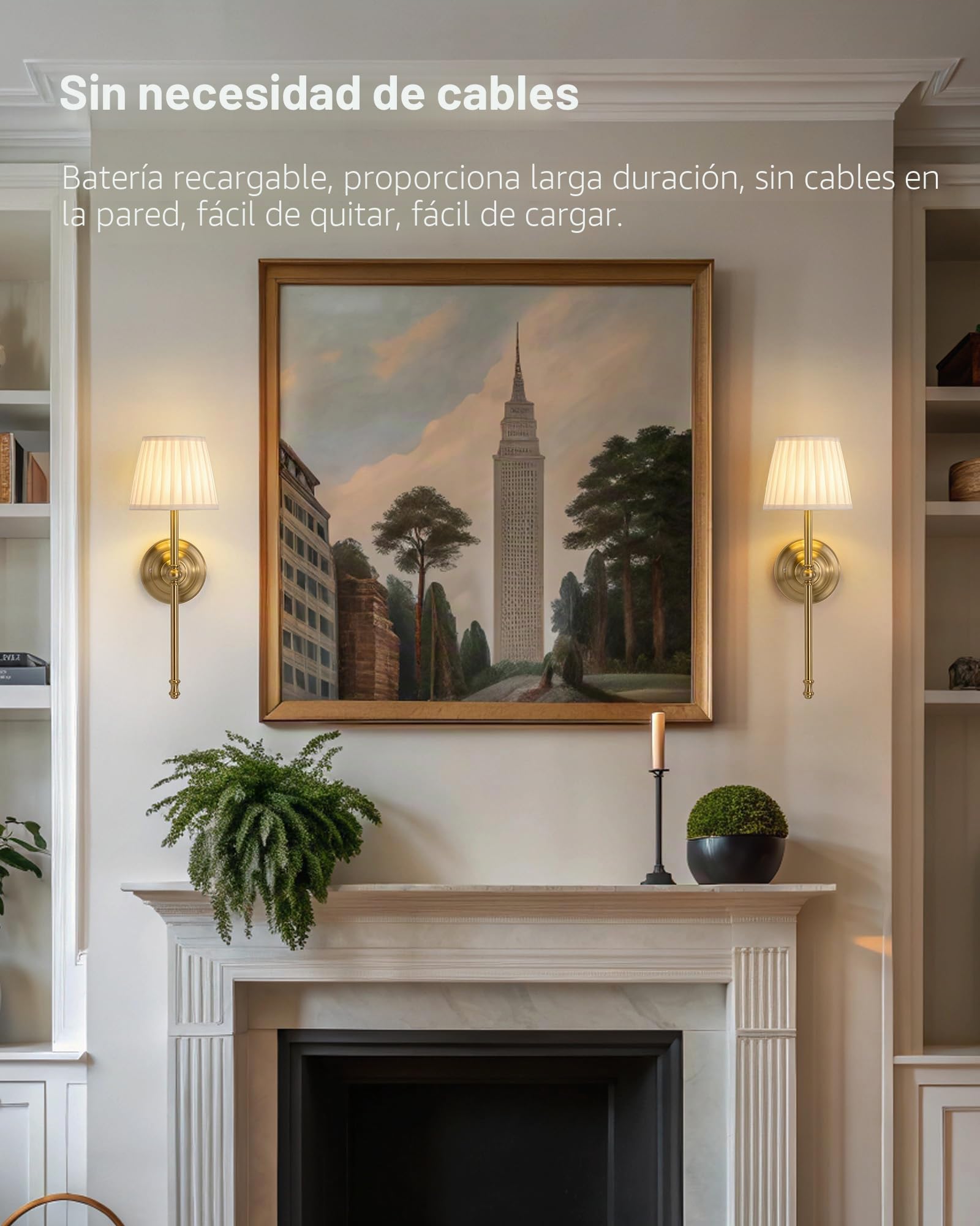 Apliques de pared recargables, 2,LED de tela con batería, iluminación regulable con 5200 mAh y mando a distancia inalámbrico para salón, dormitorio, pasillo (dorado)