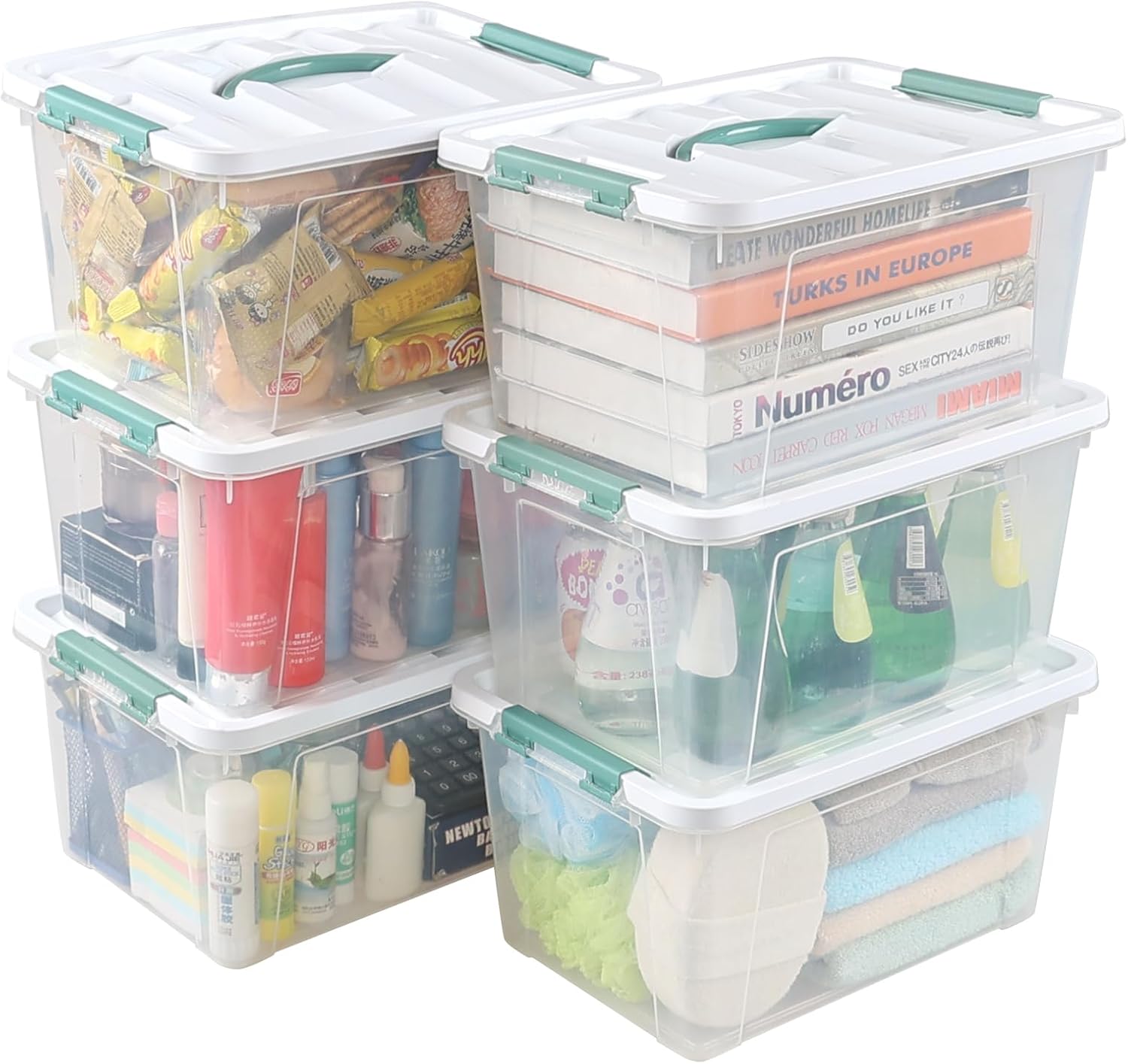 14 Quart Clear Plastic Latching Box with Handle, Plastic Storage Bin with Lids, 6 Packs