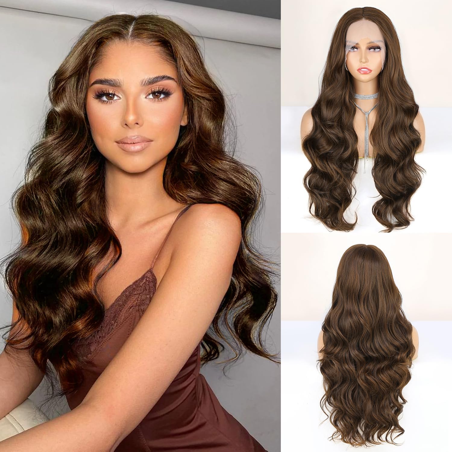 Women\'s Light Brown Glueless Synthetic Lace Front Pre-Plucked Hairline 28 Inch Long 28 Inch Chocolate Brown Lace Front Wigs Human Hair 13x4  main image 3
