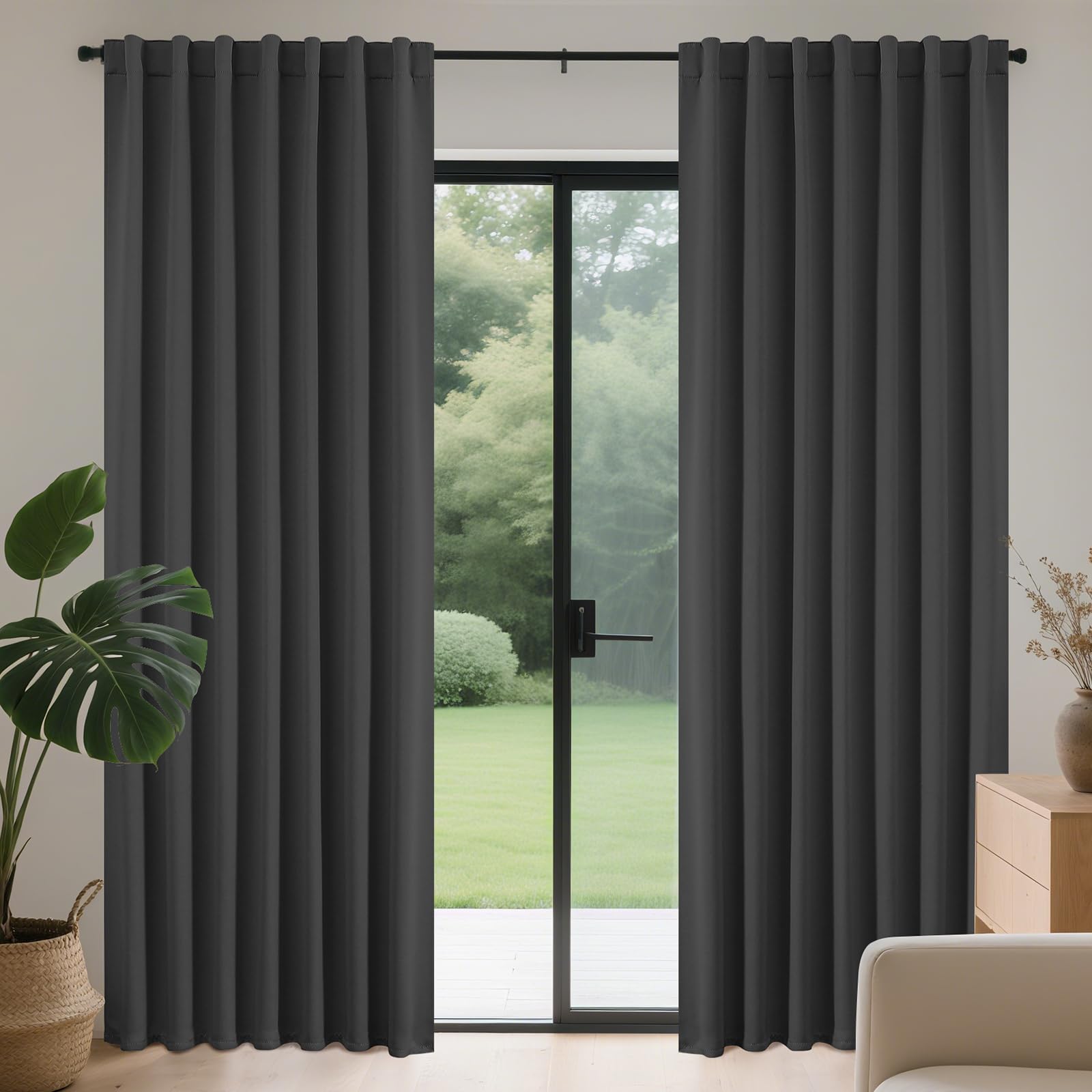 Joydeco Vorhänge mit Verdeckten Schlaufen 2er Set,H 225 x B 140 Dunkelgrau Lange Vorhang Thermo Verdunkelung Stangendurchzug Gardinen Blackout Blickdicht Curtains Schlafzimmer Wohnzimmer Modern