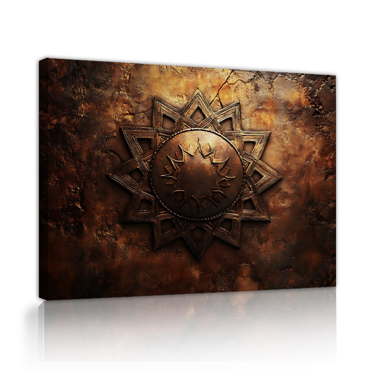 TOANGWALL Mandala Sun Canvas Prints Dining Room Antique Bronze Rusty Shield Geometric Stars Canvas Wall Art for Living Room Bedroom Office Decor 80x95cm