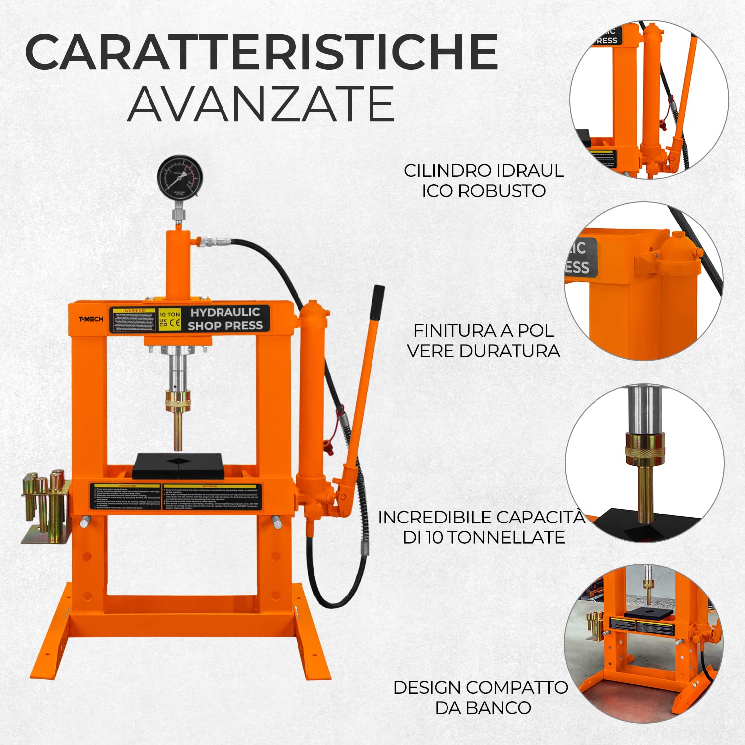 Pressa idraulica da officina 10 tonnellate da banco in acciaio Manometro staccabile Pompa a mano regolabile 180-335 mm Area di lavoro verticale Officina Garage gratuito 8 cilindri e 1 adattatore