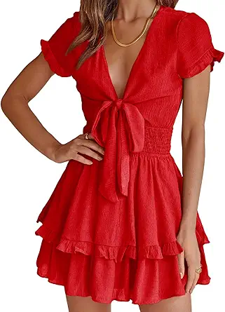 PRETTYGARDEN Women Summer Mini Short Dress 2025 Short Sleeve Casual Beach Vacation Sundress V Neck Tiered Sun Dresses