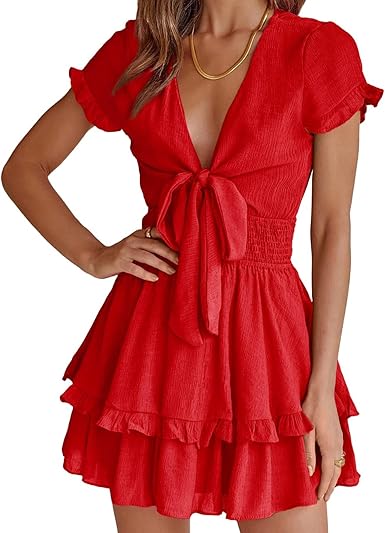 PRETTYGARDEN Women Summer Mini Short Dress 2025 Short Sleeve Casual Beach Vacation Sundress V Neck Tiered Sun Dresses