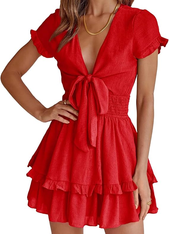 PRETTYGARDEN Women Summer Mini Short Dress 2025 Short Sleeve Casual Beach Vacation Sundress V Neck Tiered Sun Dresses