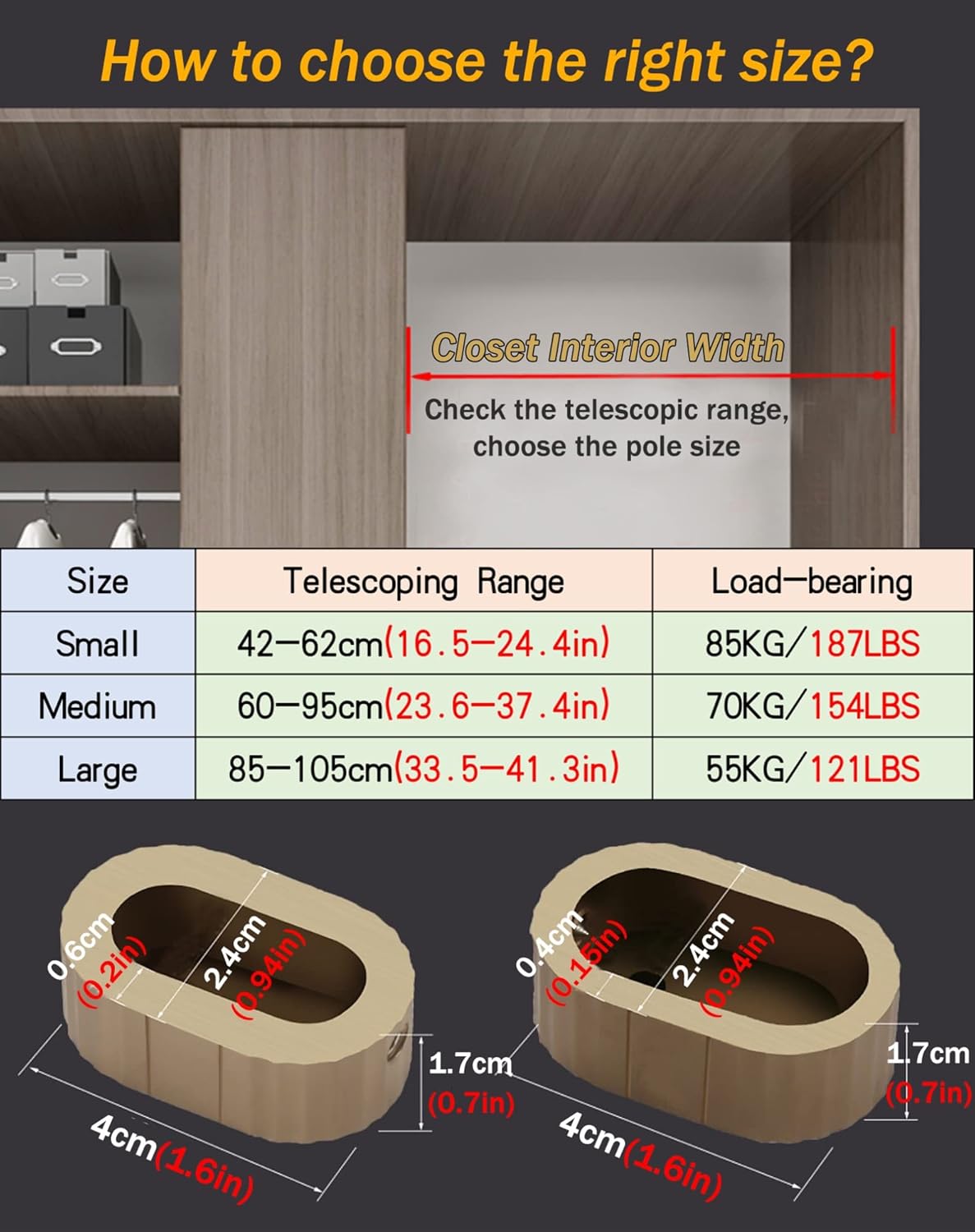 42Cm-105Cm Extendable Closet Rods, Teleswall Mounted Clothes Rail Pole with End Sockets, for Hallway/Entryway/Cloakroom, Water/Rust Proof Aluminum Alloy/Brown/2(Brown-16.5)